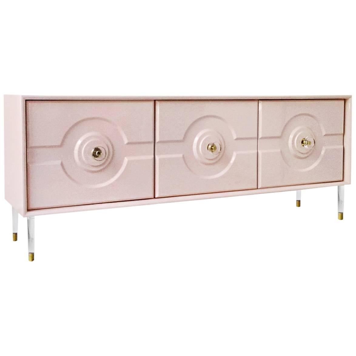 Modern Geometric Sorrento 3 Door Credenza Sideboard, Lucite and Brass Hardware For Sale