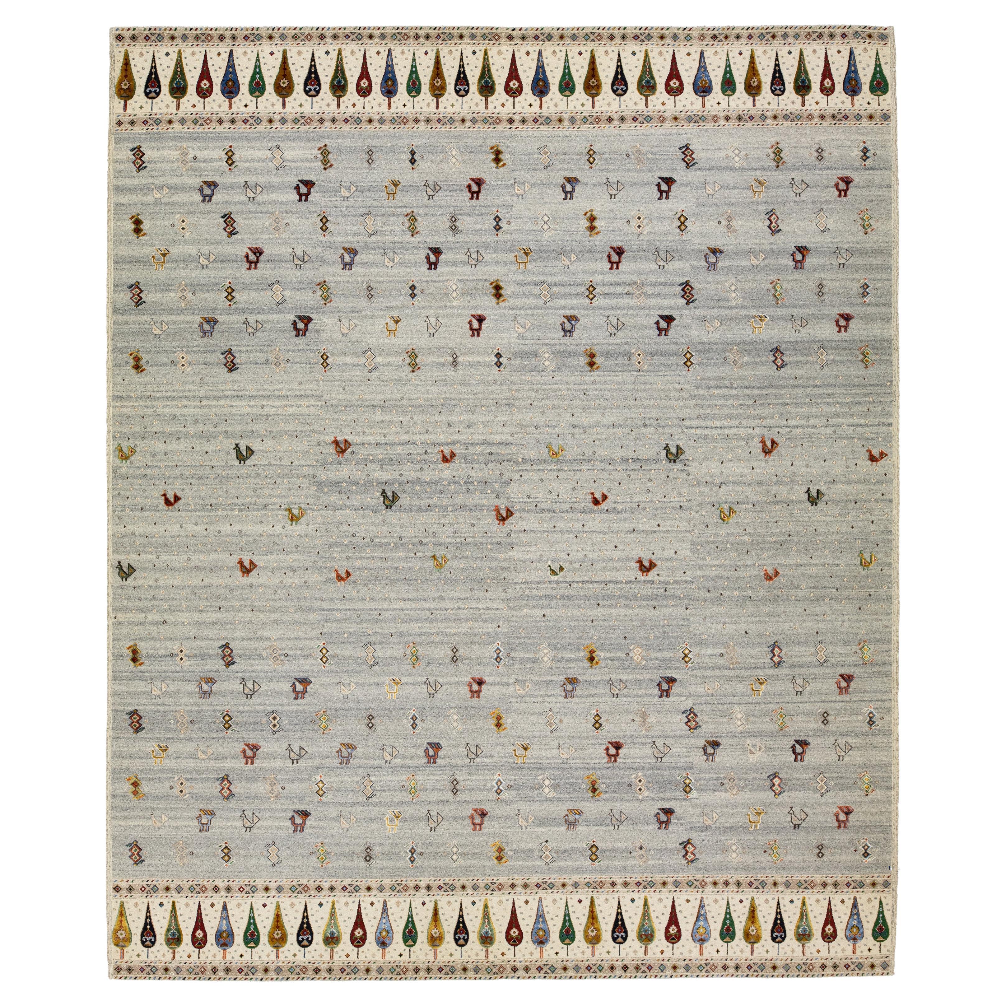 Modern Geometric Sumakh Wool Rug In Gray