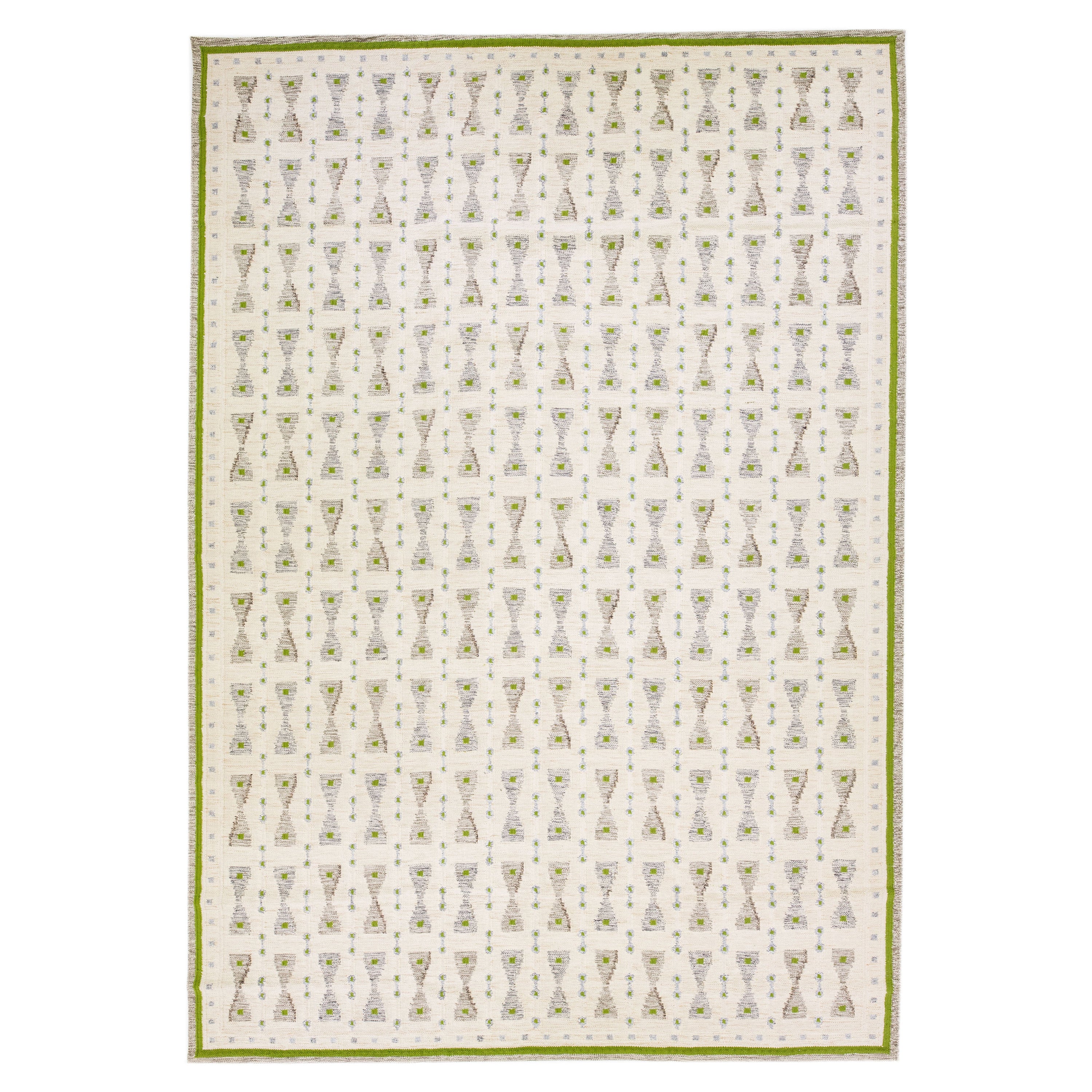 Modern Geometric Swedish Style Handmade Beige & Green Custom Wool Rug For Sale