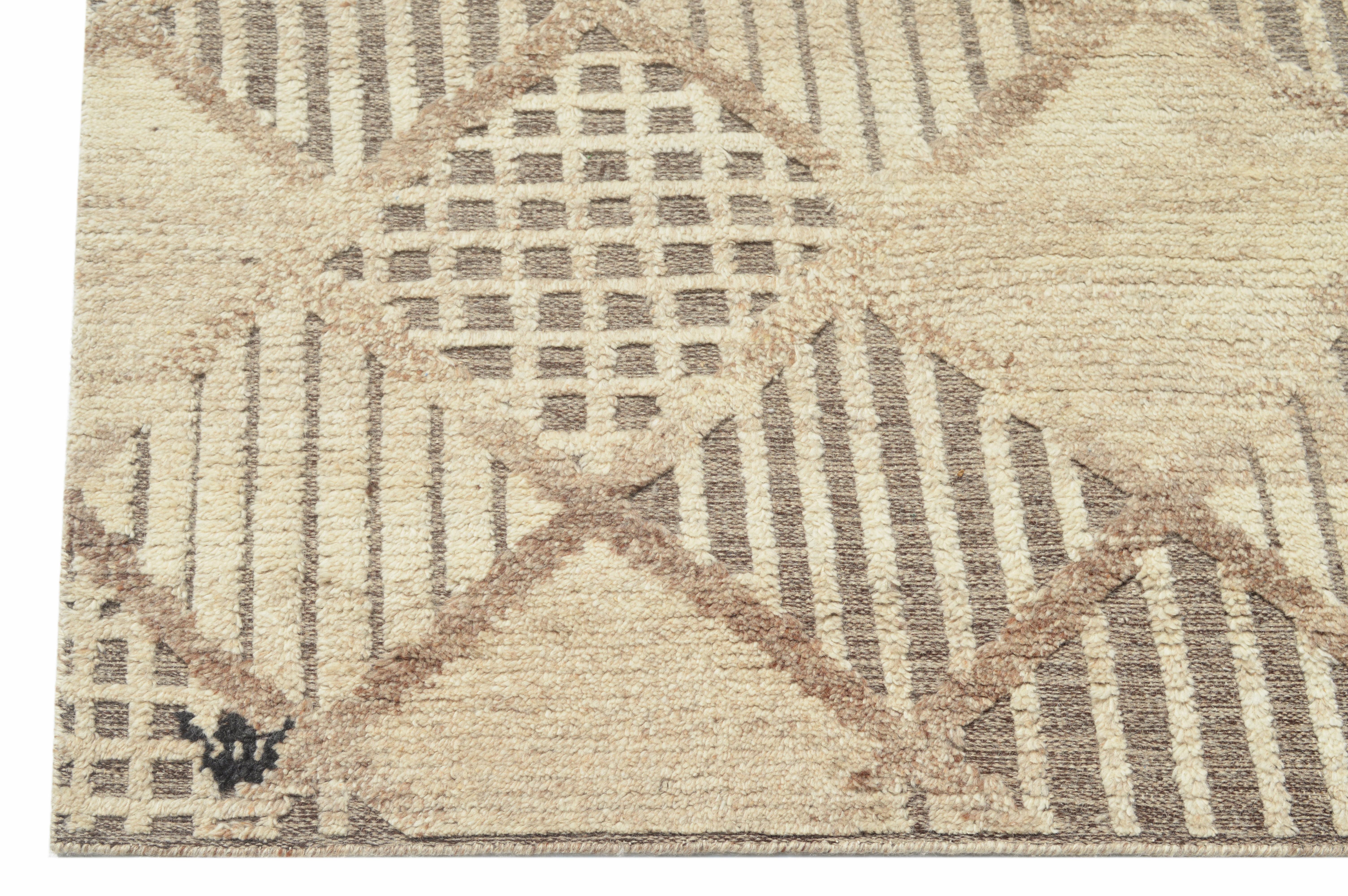 Hand-Knotted Modern Geometric Trellis High-Low Rug For Sale