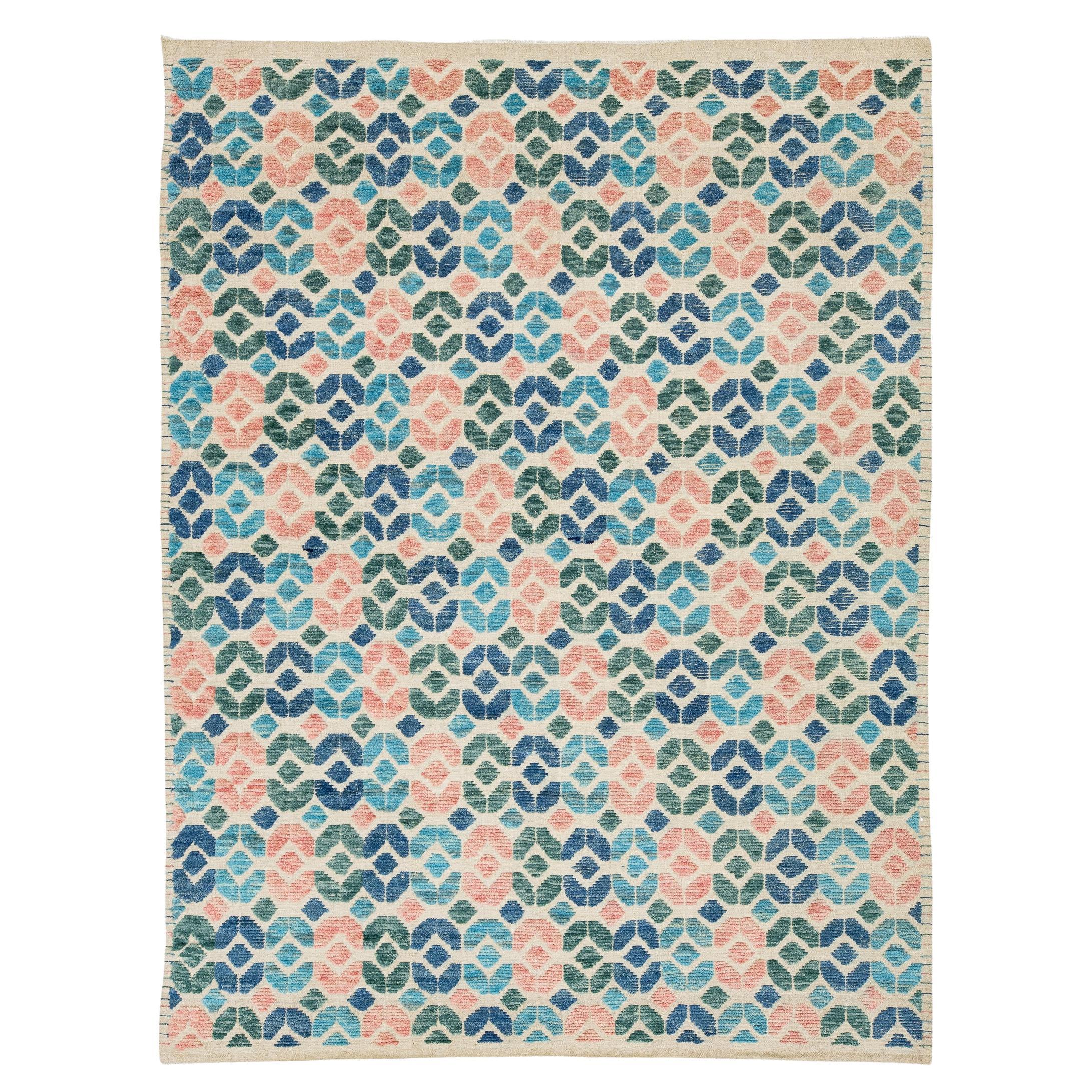 Modern Geometric Tulu Style Hand-Knotted Wool Area Rug In Terracotta and blue For Sale