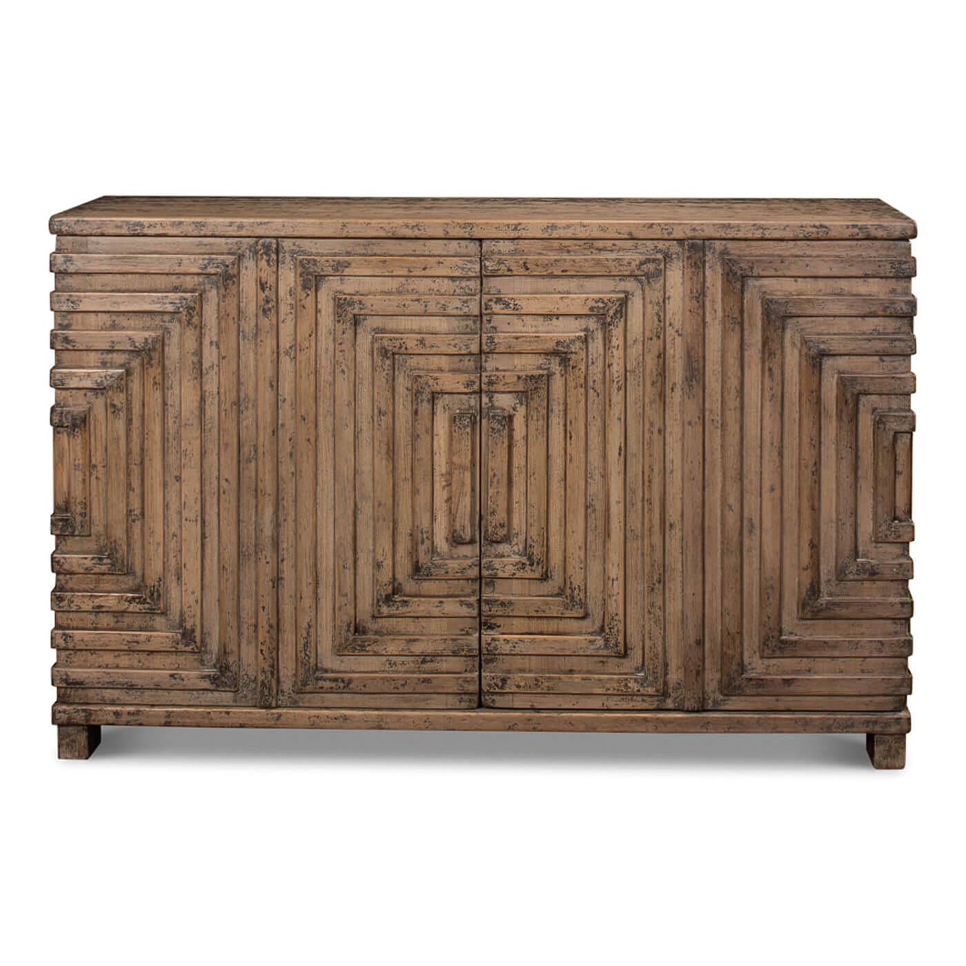 A modern geometric two-door cabinet. This piece features a wide linear geometric design on the doors. The antiqued and weathered driftwood finish highlights the unique design features of this piece. 

This cabinet is crafted in pine and it has one