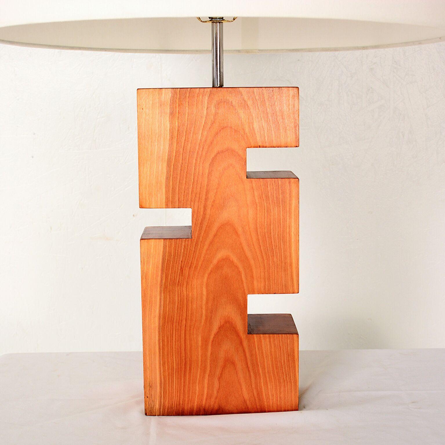 1970s Modern Geometric Carved Wood Block Table Lamp  2