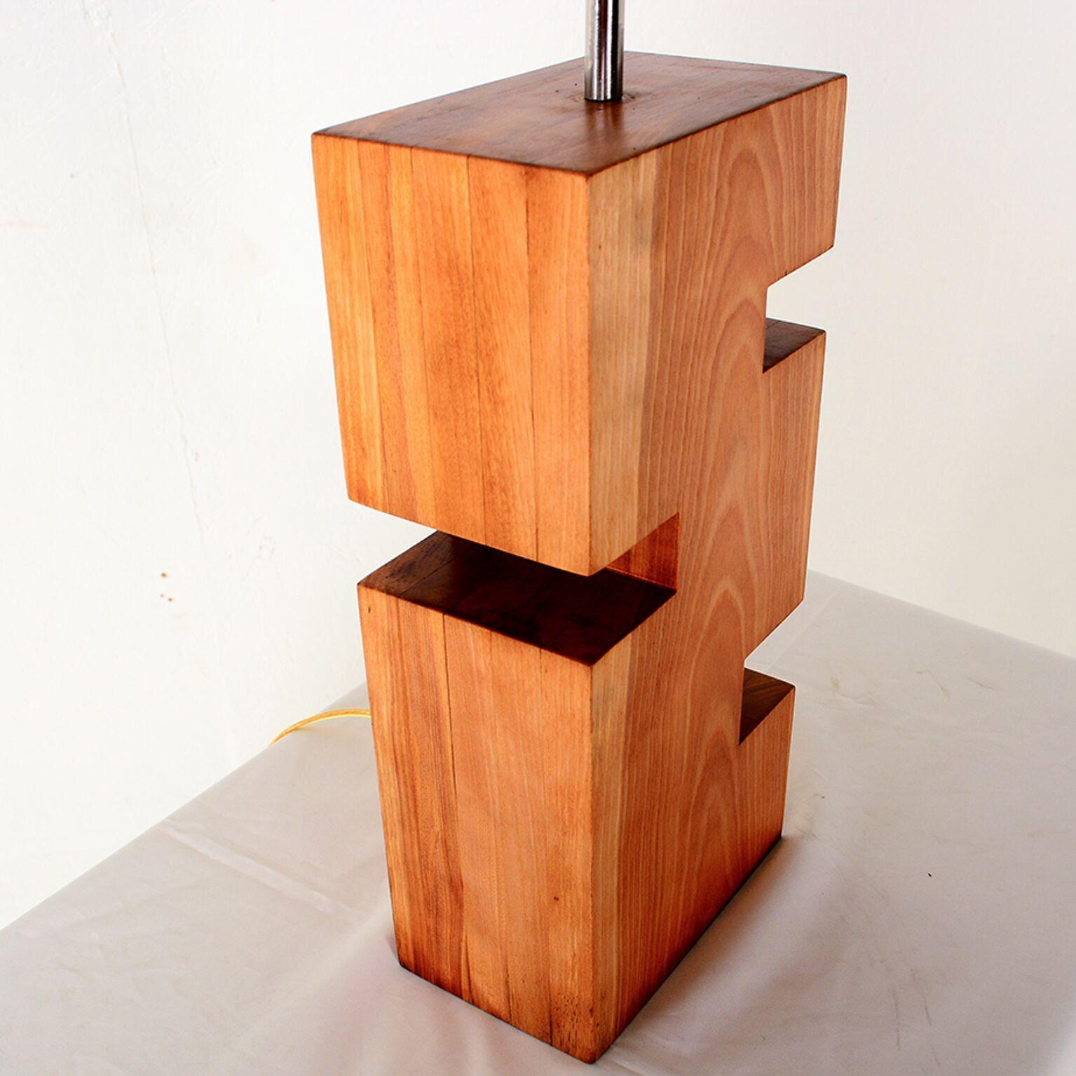 American 1970s Modern Geometric Carved Wood Block Table Lamp 