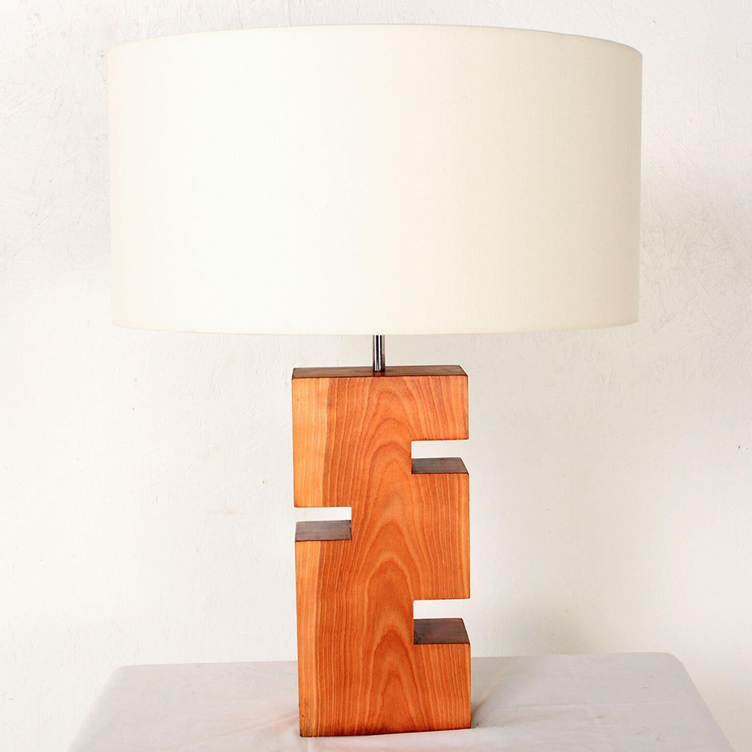 1970s Modern Geometric Carved Wood Block Table Lamp  1