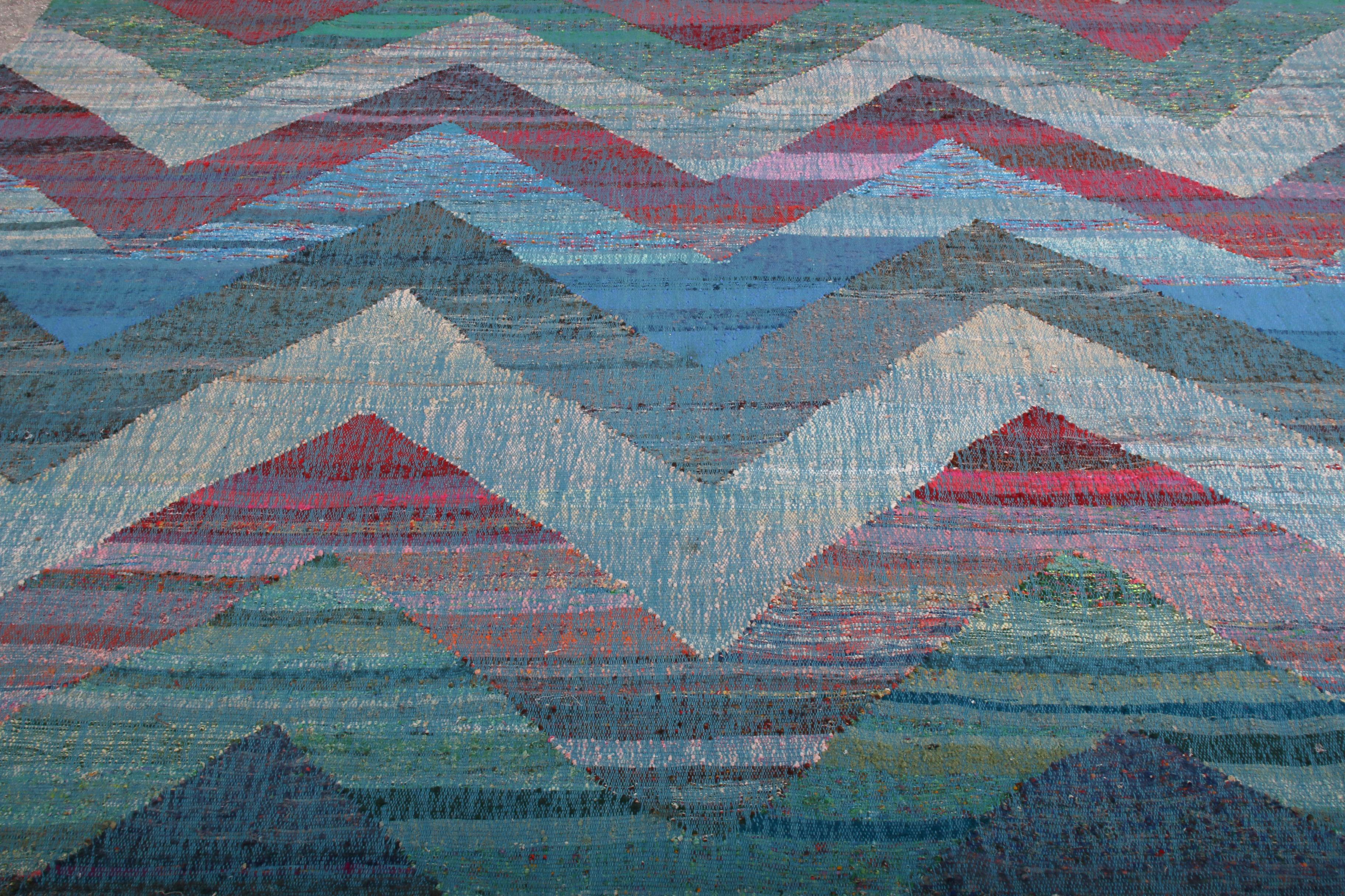 Rug & Kilim's Modern Geometric Wool Kilim Blue Green Multi-Color Chevron Pattern In New Condition In Long Island City, NY