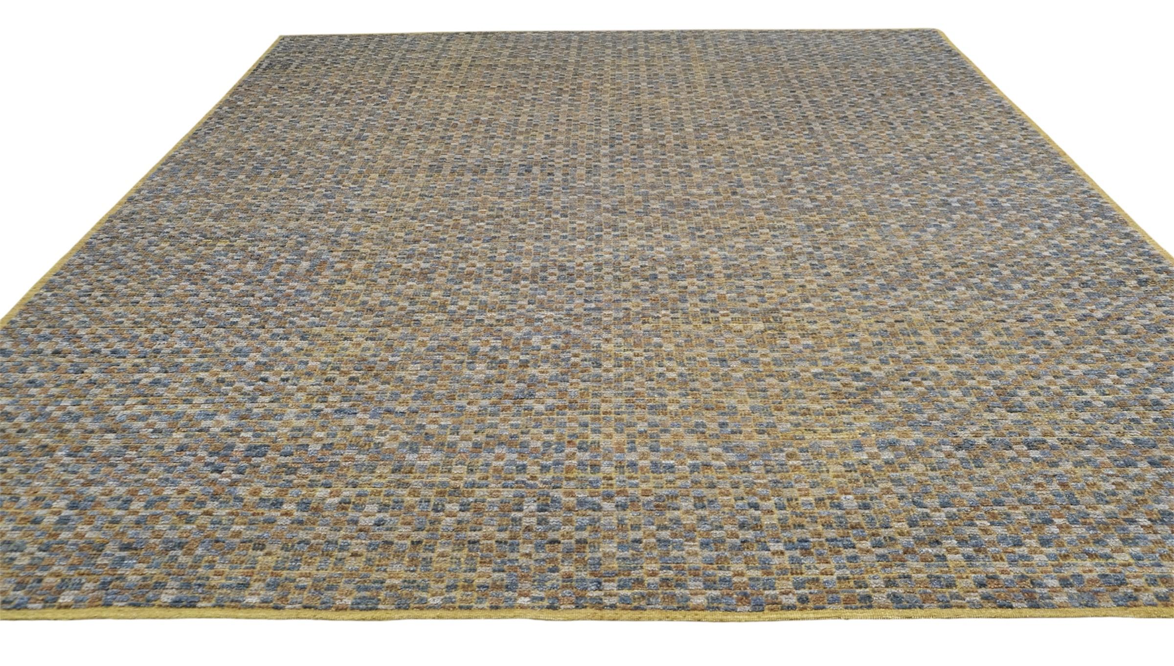 Noué à la main Tapis moderne géométrique en laine jaune et bleu 9'2''x11'8'' en vente