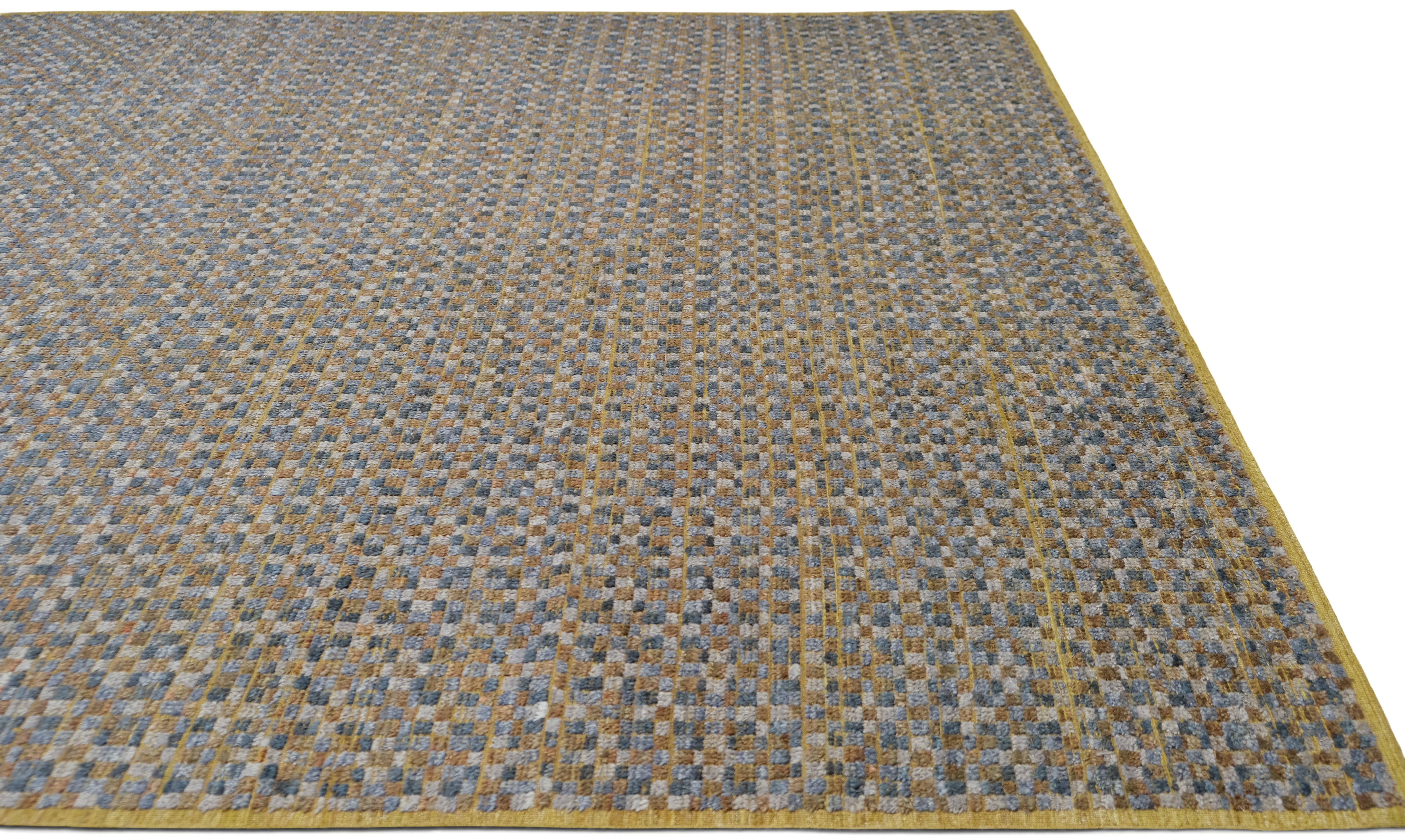 Laine Tapis moderne géométrique en laine jaune et bleu 9'2''x11'8'' en vente