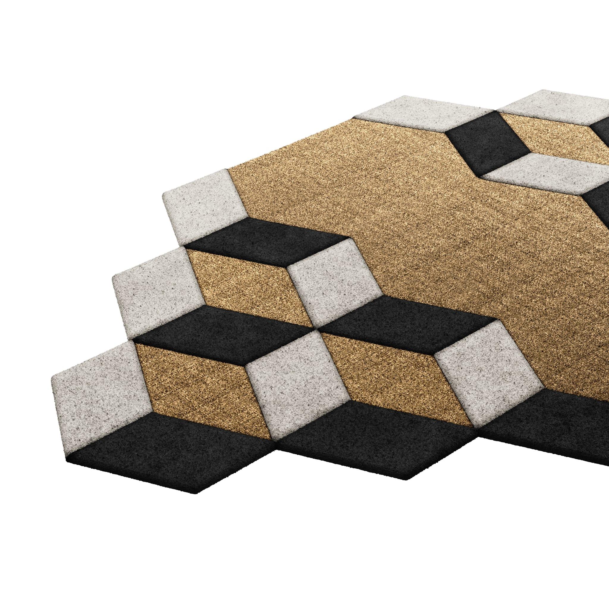 Tapis Retro #005 is a retro rug with an irregular shape and neutral colors. Inspired by architectural lines, this geometric rug makes a statement in any living space. 

Using a 3D-tufted technique that combines cut and loop pile, the retro rug with