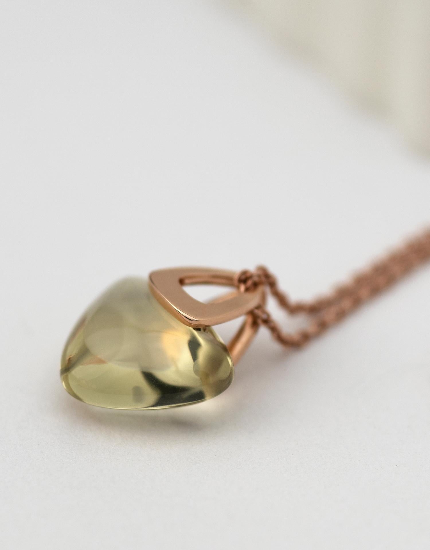 Rebecca Li designs mindfulness. 
This design is from her Luck Rock Collection.

Talisman Pendant :
18K Rose Gold
Lemon Citrine
Pendant Size: 9 mm W * 6 mm D * 18 mm H
Gemstone Size:  8 mm W * 6 mm D * 9 mm H

Chain: 
18K Rose Gold
Adjustable cable
