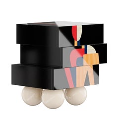 Modern Nighstand Bedside Table Geometric Figure Print Black Wood Marquetry