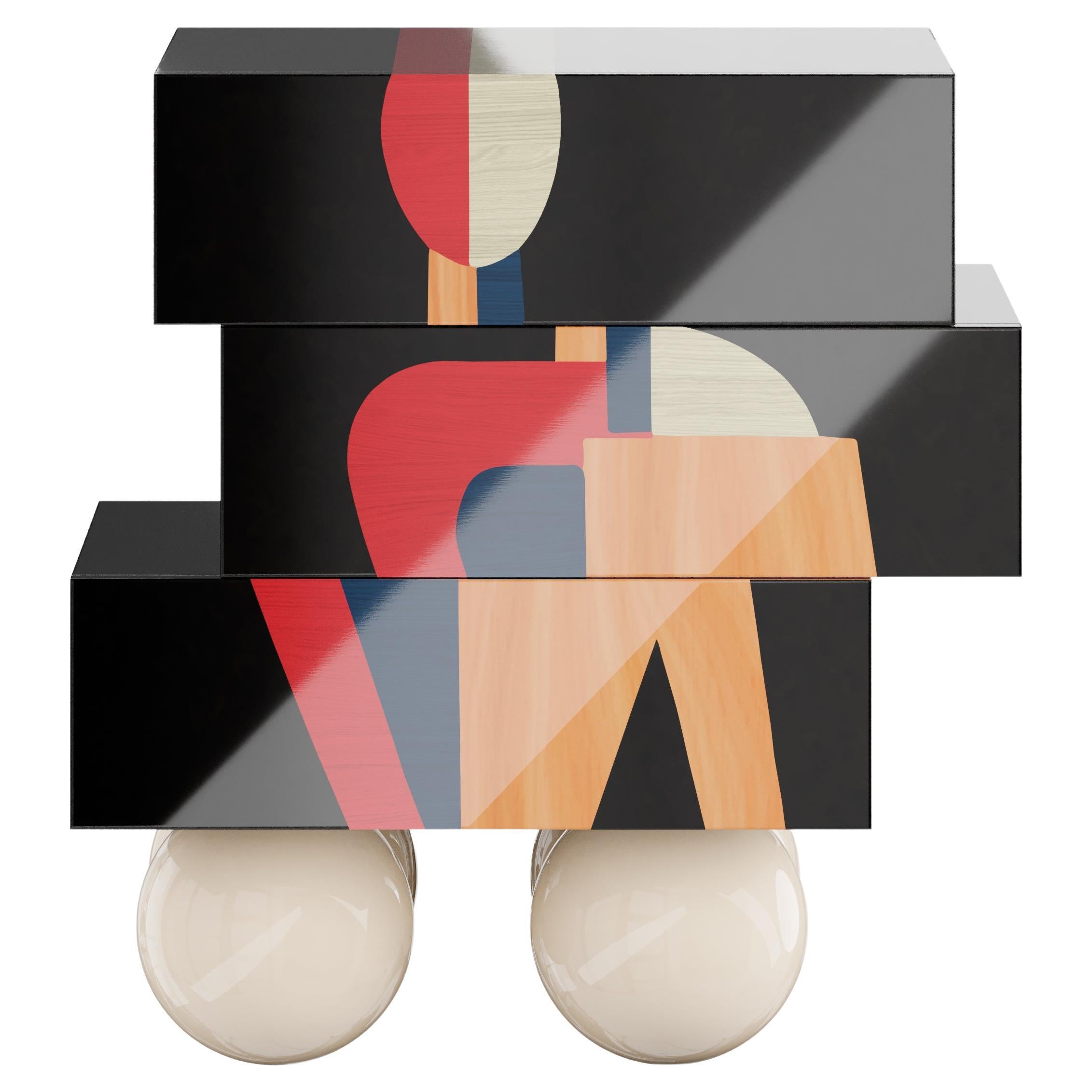 Comodino moderno Stampa figure geometriche Legno nero intarsiato