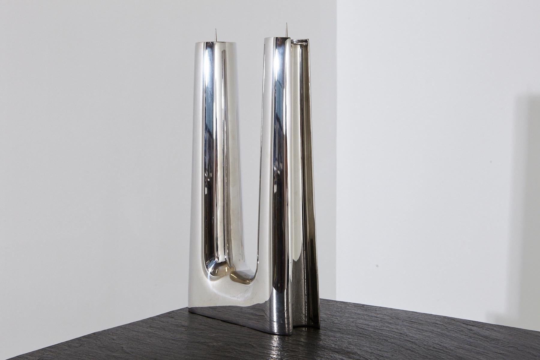 Danish Modern Georg Jensen Large Stainless Candleholder Copenhagen For Sale