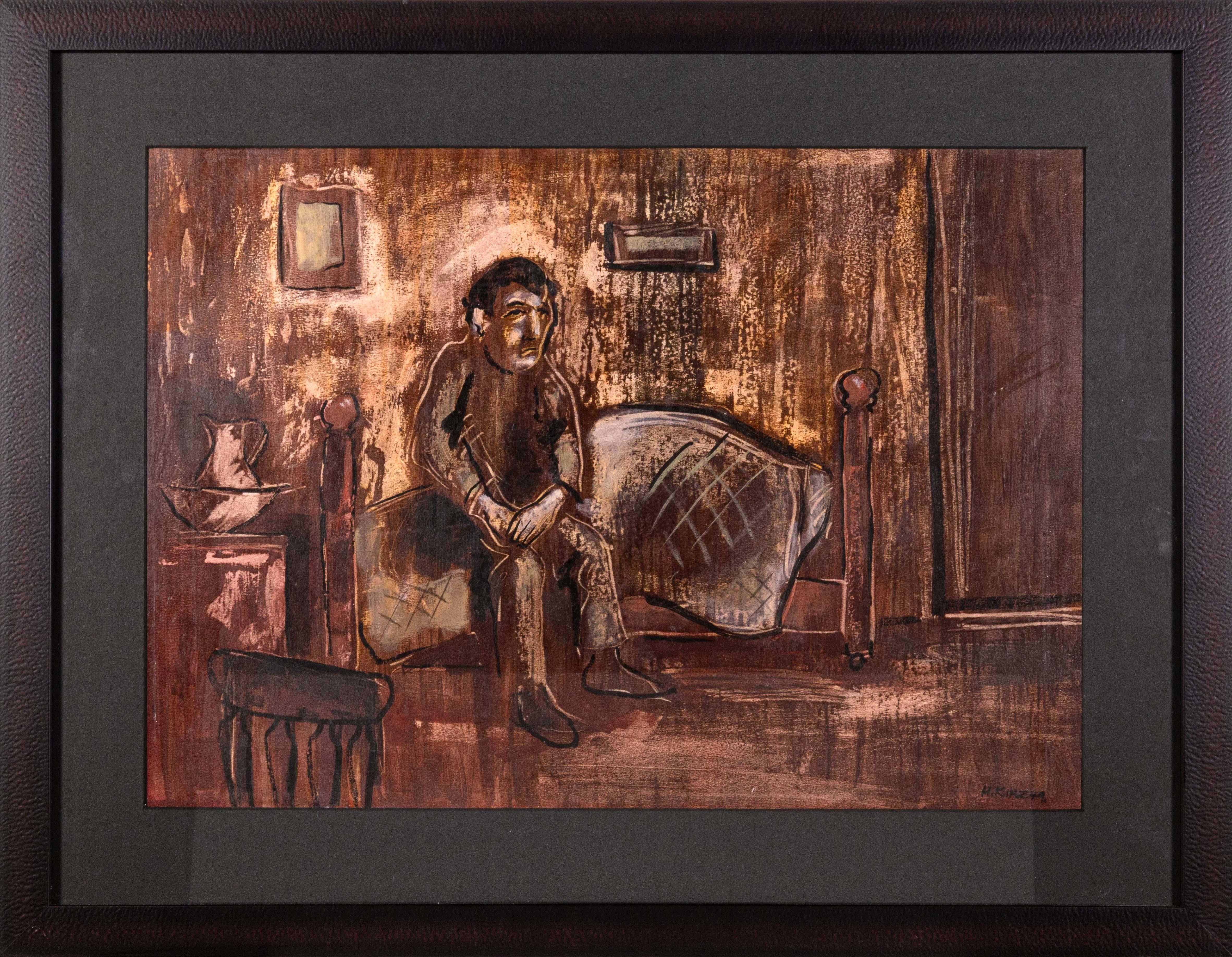 Un moderno disegno figurativo a tecnica mista su carta. Firmato 