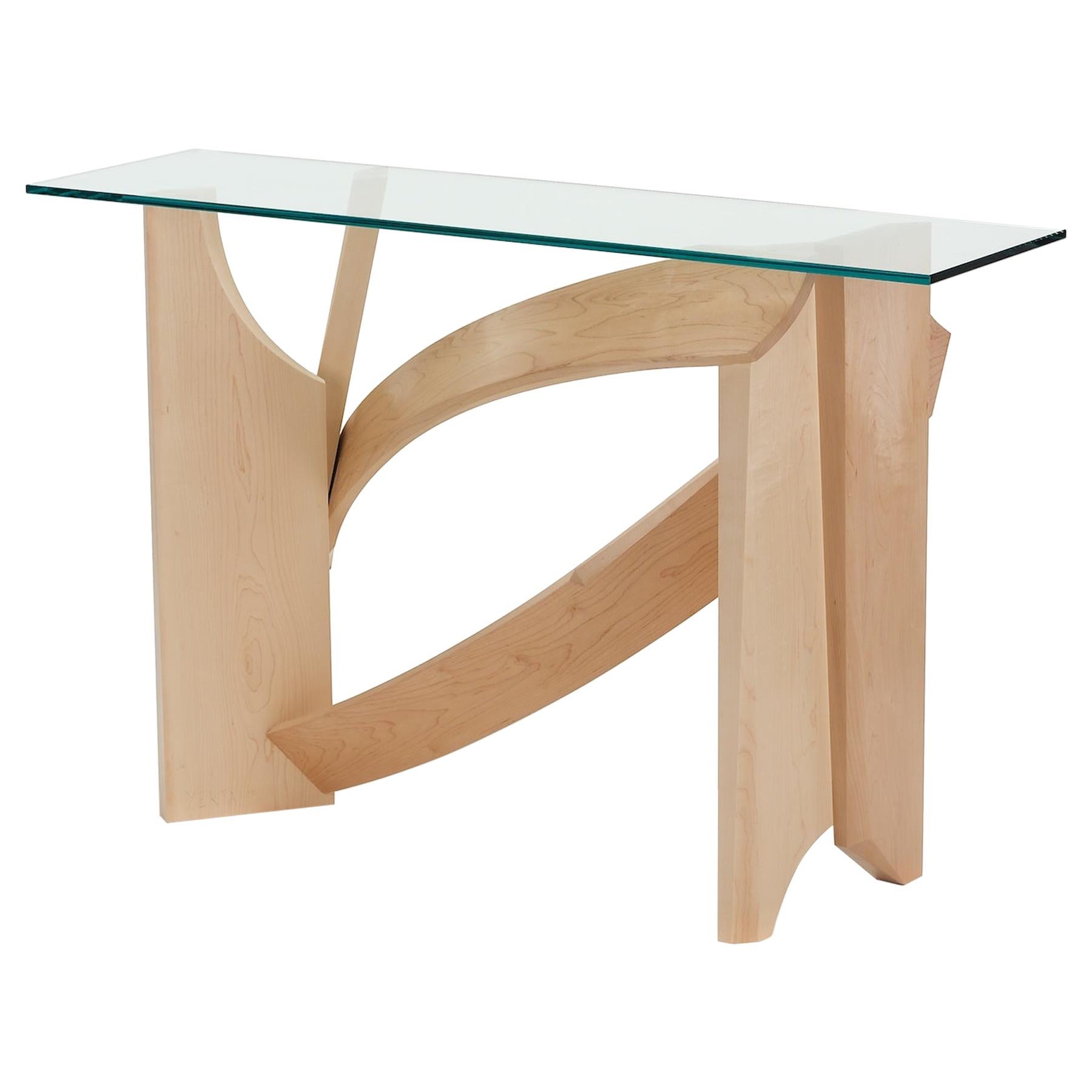 Table console gestuelle moderne avec courbes en érable et verre de Nico Yektai en vente