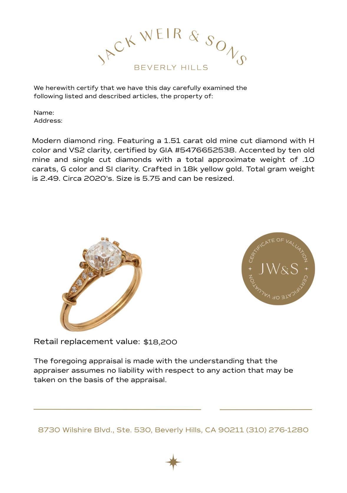 De las mujeres Anillo de compromiso moderno GIA de oro amarillo de 18 quilates con diamante talla mina antigua de 1,51 quilates en venta
