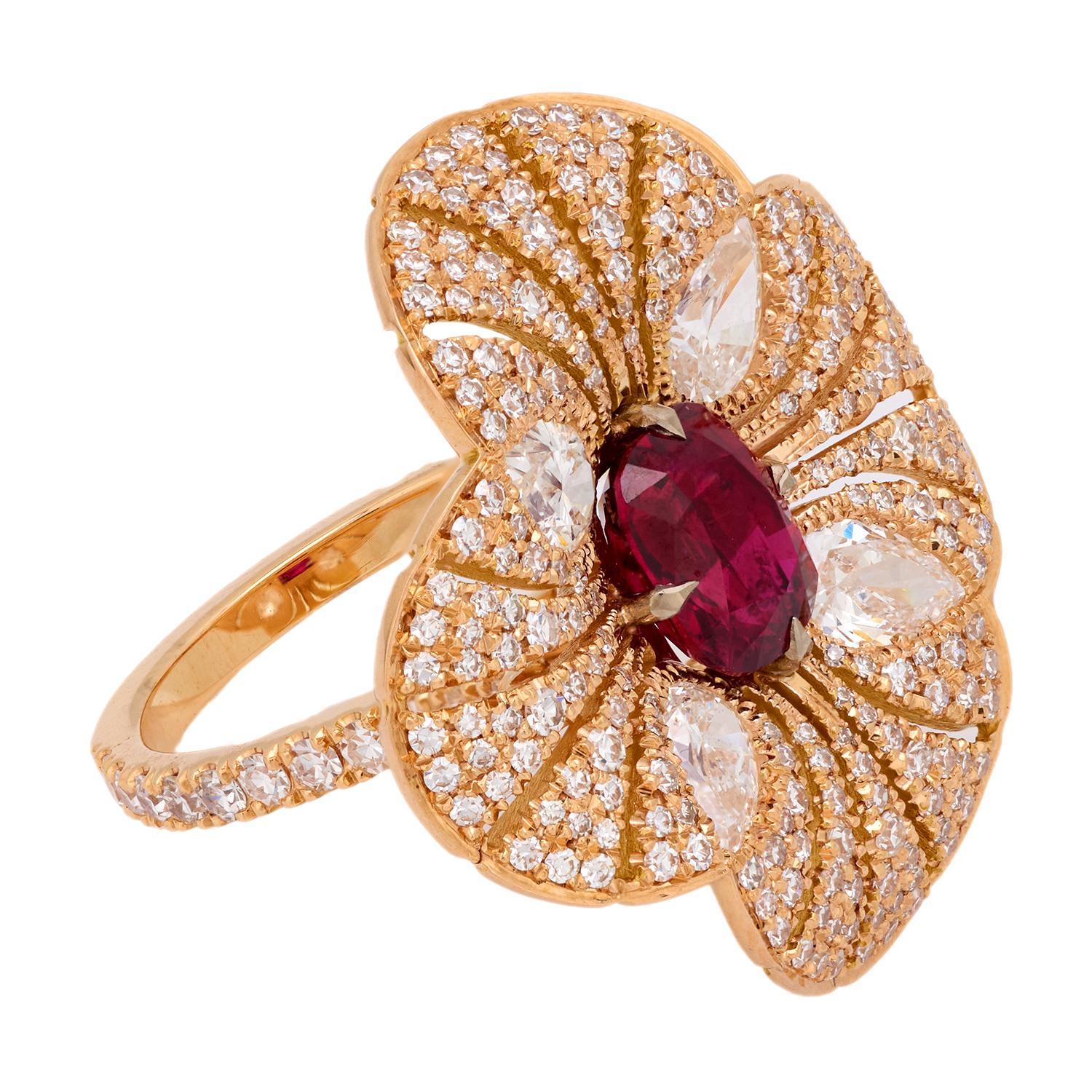 Women's Modern GIA 2.04 carat ruby diamond 18k rose gold flower ring For Sale