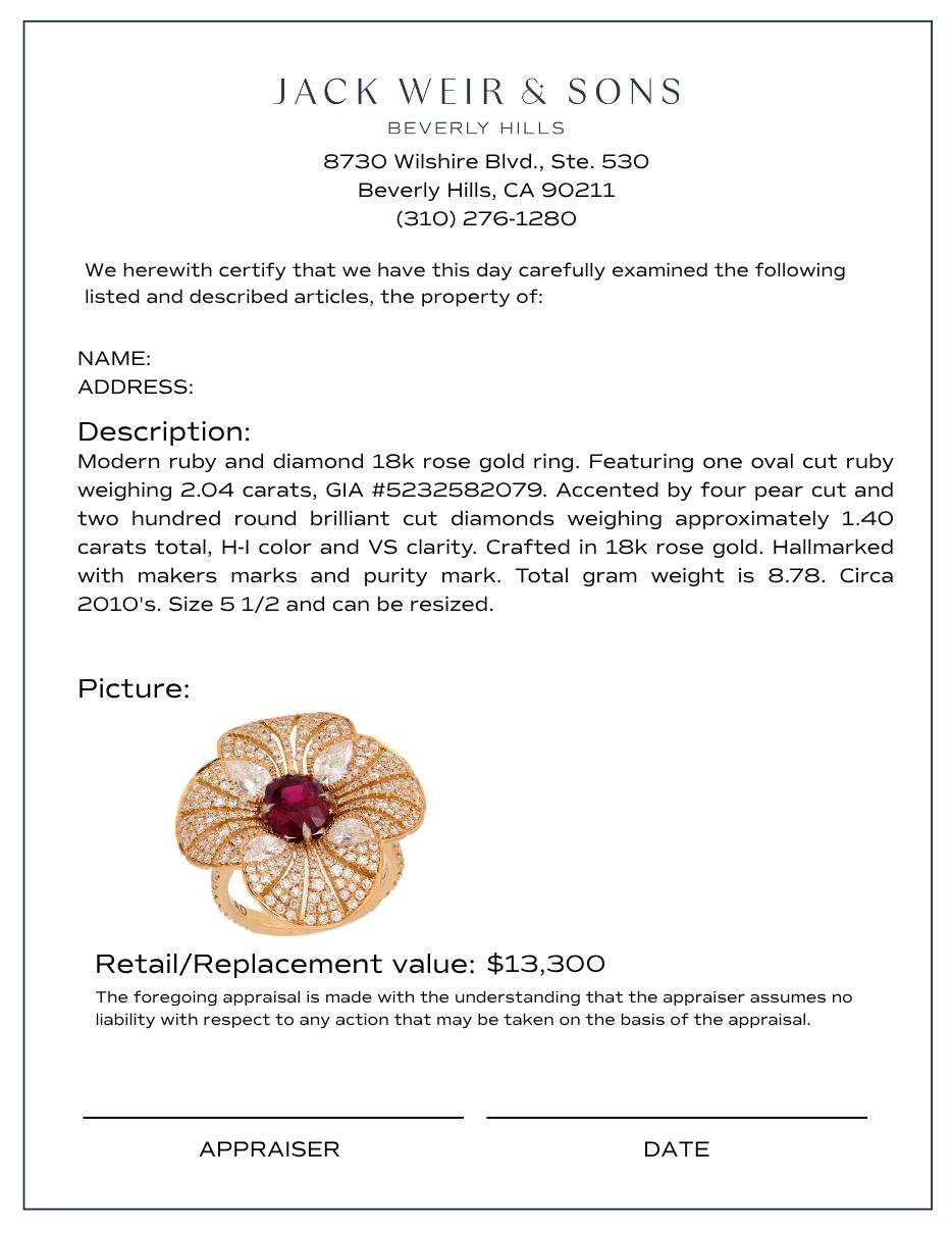 Modern GIA 2.04 carat ruby diamond 18k rose gold flower ring For Sale 1