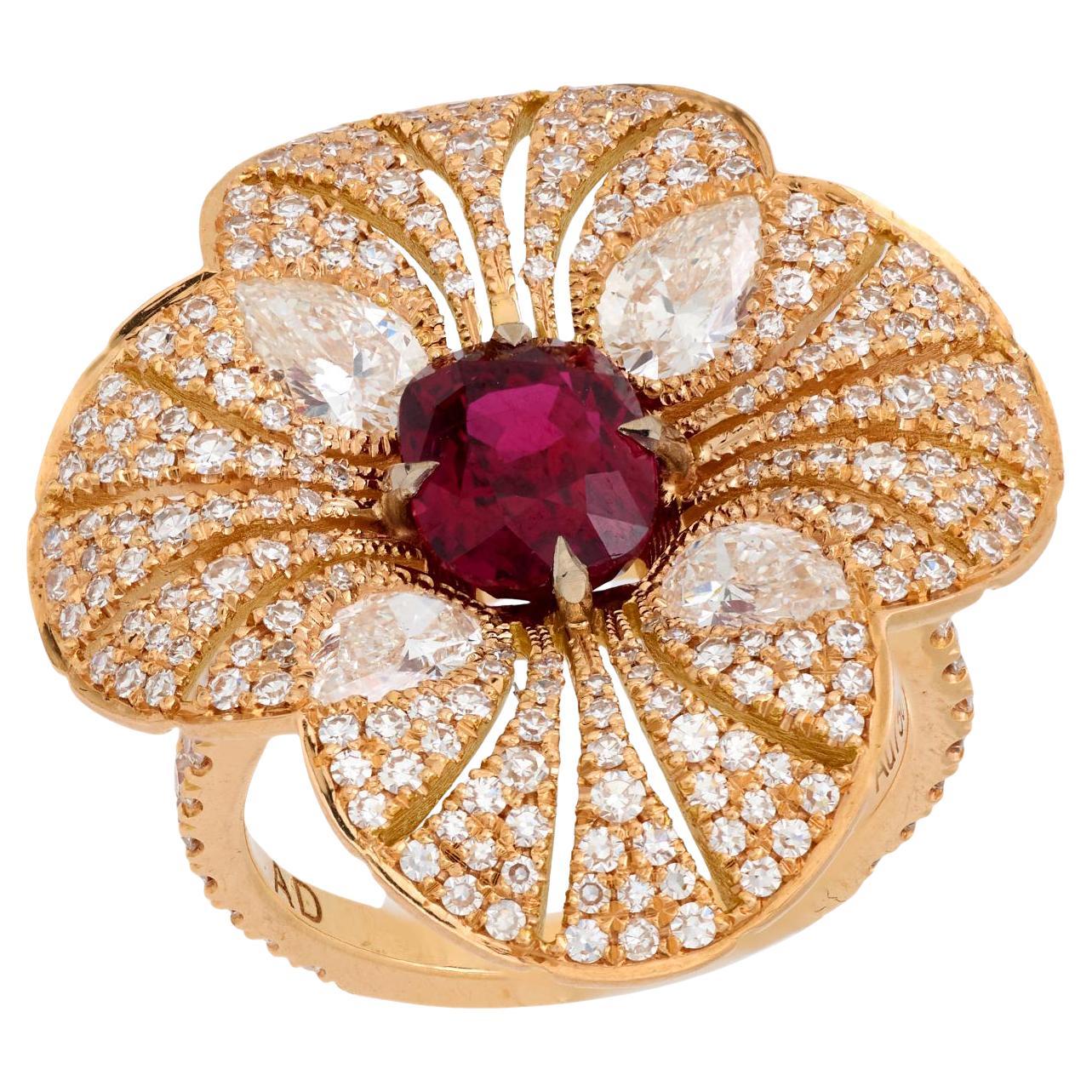 Modern GIA 2.04 carat ruby diamond 18k rose gold flower ring