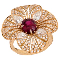 Modern GIA 2.04 carat ruby diamond 18k rose gold flower ring