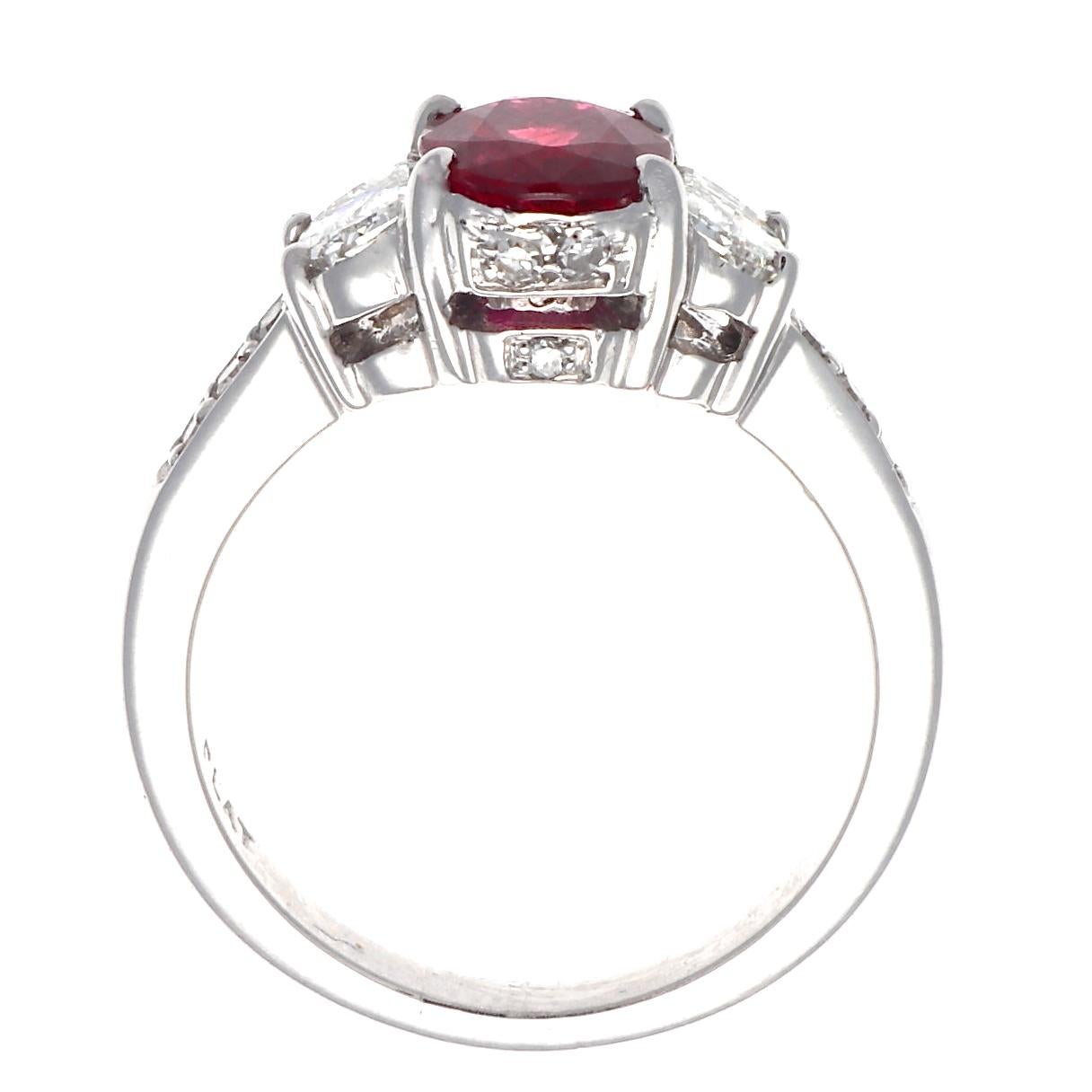 Oval Cut Modern GIA Certified 1.57 Carat Burma Ruby Diamond Platinum Engagement Ring