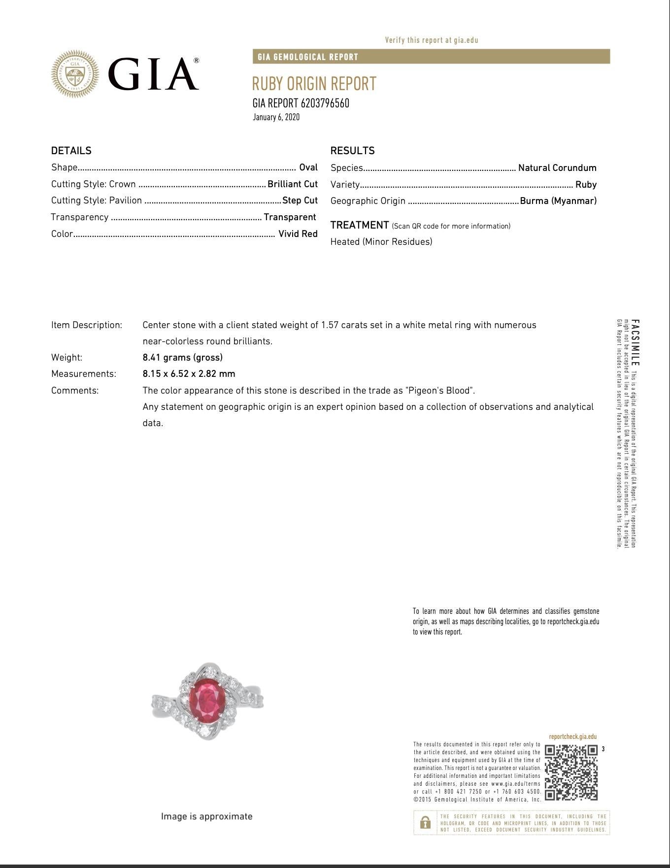 Women's Modern GIA Certified 1.57 Carat Burma Ruby Diamond Platinum Engagement Ring