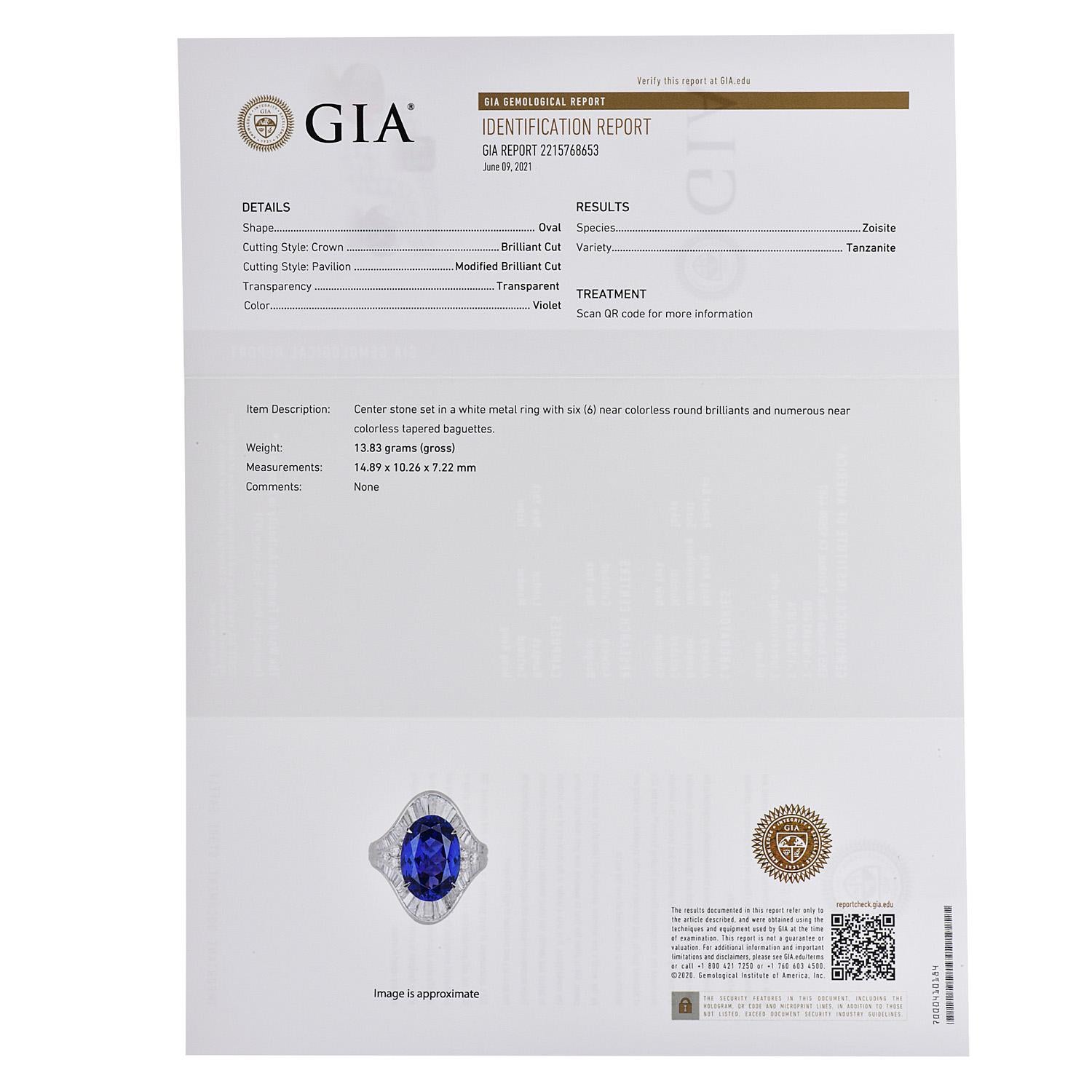 Modern GIA Certified Oval Tanzanite Diamond Platinum Cocktail Ring 1