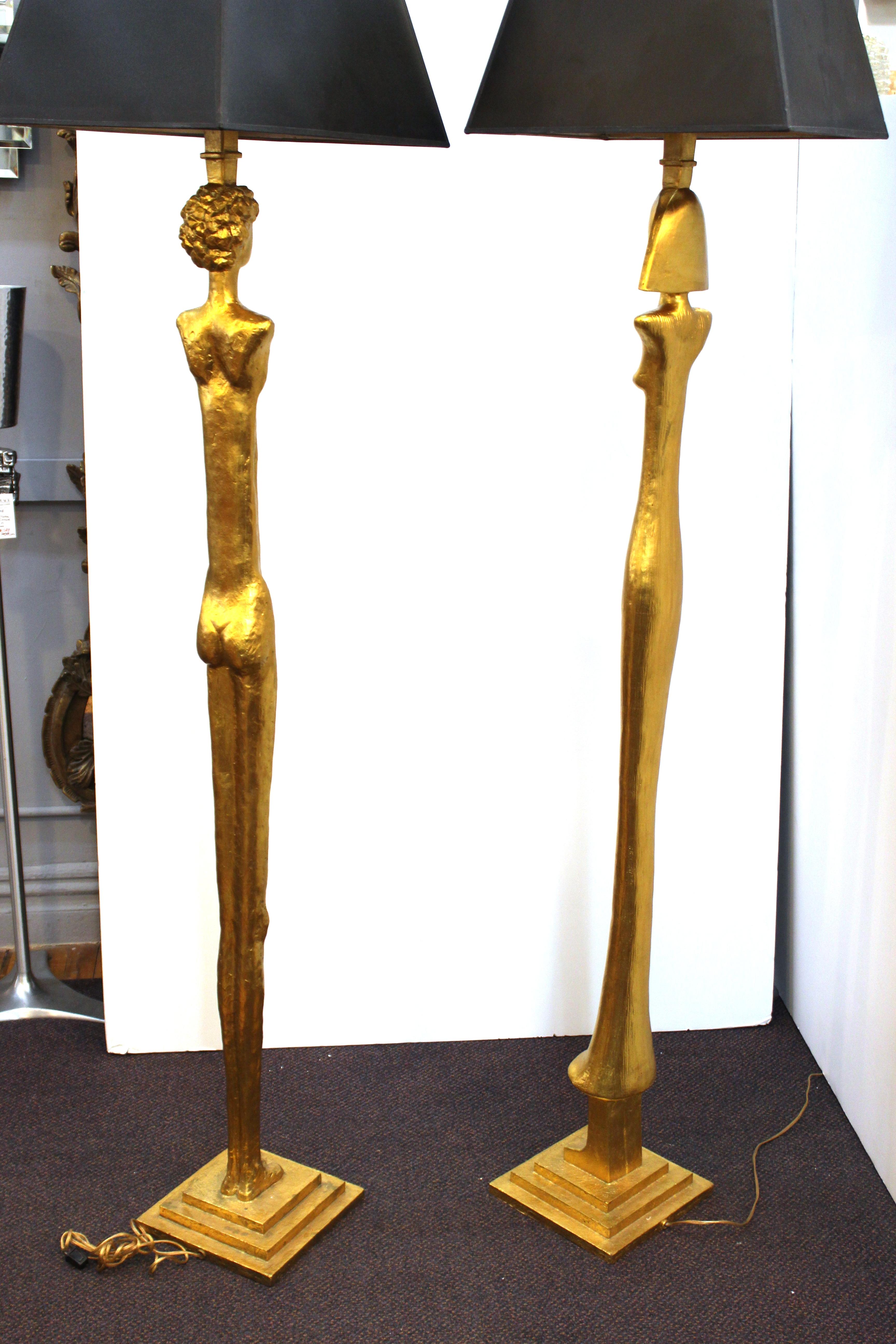 20th Century Modern Giacometti Style Figural Floor Lamps in Gilt Bronze