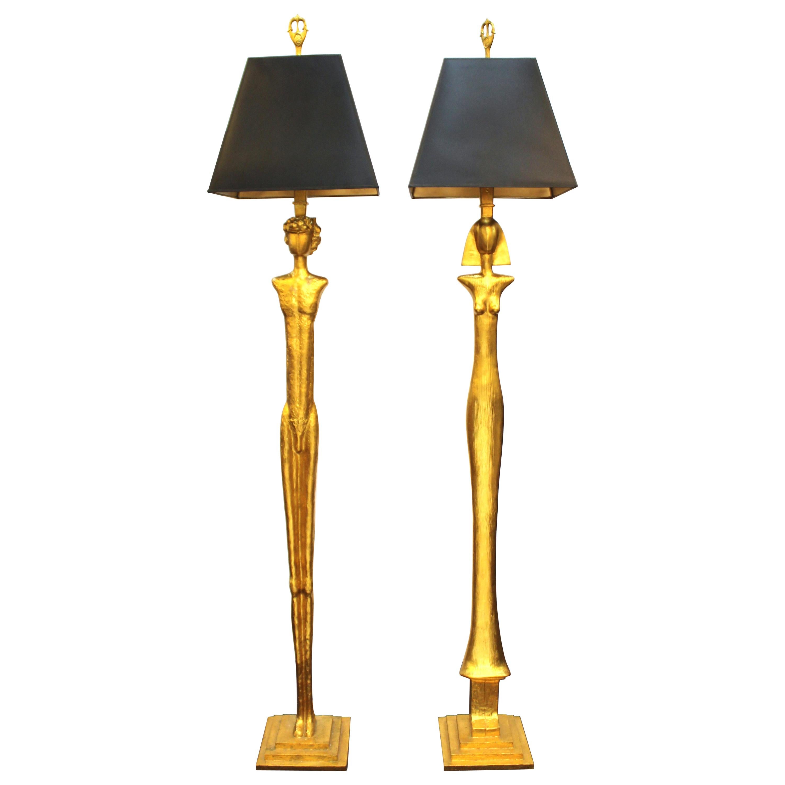 Modern Giacometti Style Figural Floor Lamps in Gilt Bronze
