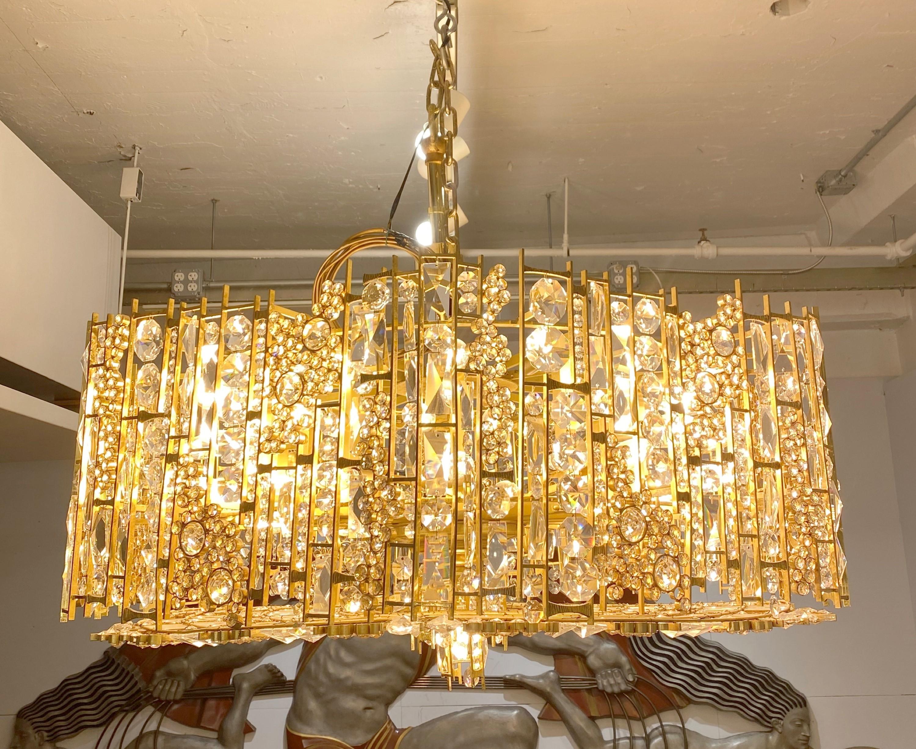 Modern Gilded Hexagon Crystal Gilt Chandelier by Palwa Lighting In Good Condition In New York, NY