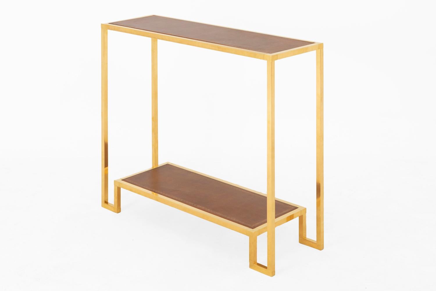 French Modern Gilt Brass and Leather Top Console, circa 1970