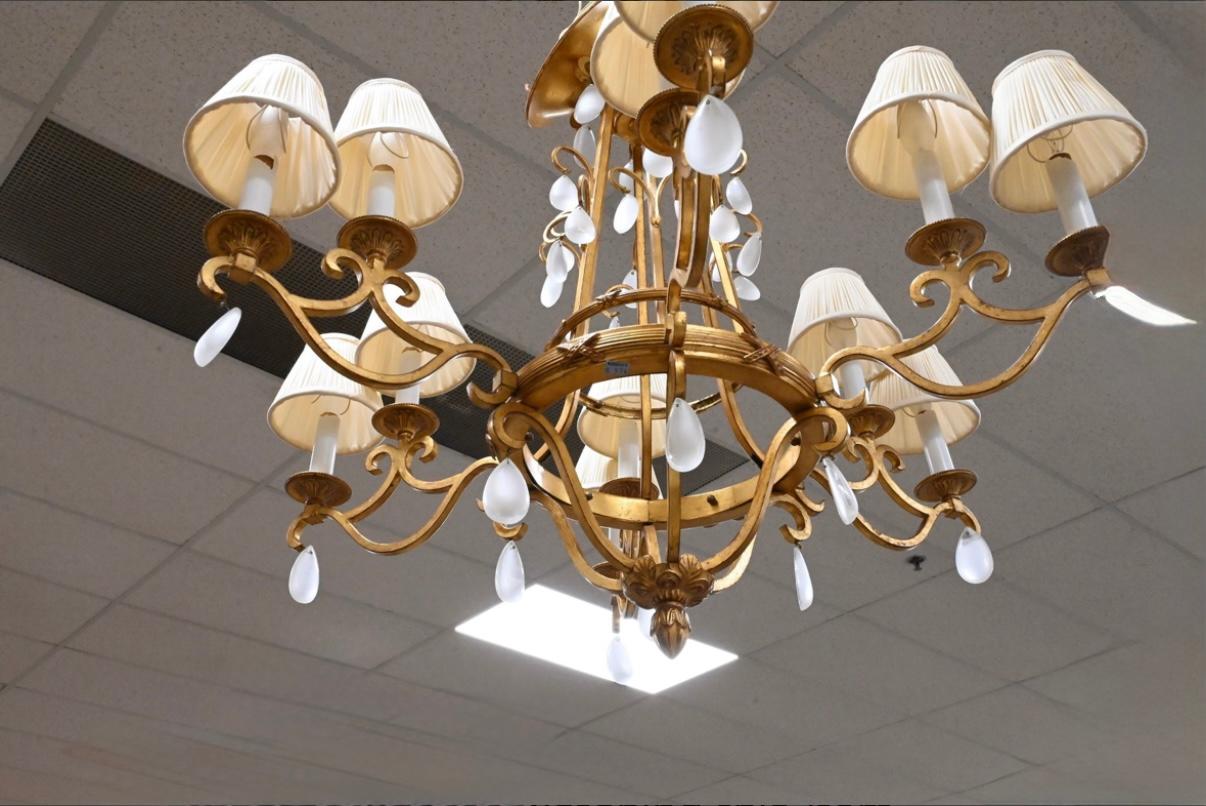 Baroque Modern Gilt Bronze & Opaline Style Prism 12 Light Chandelier For Sale