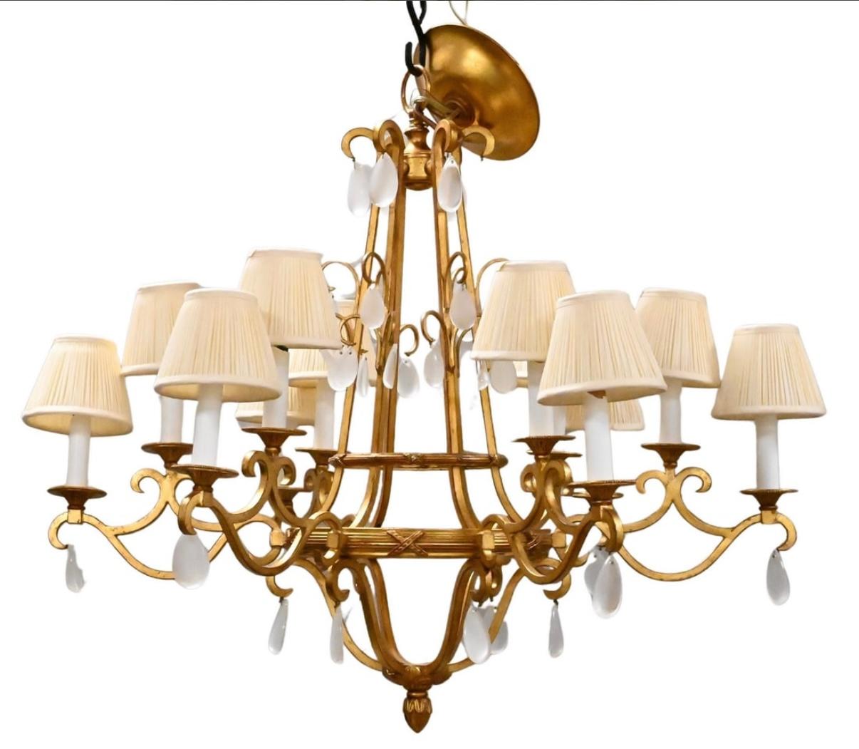 American Modern Gilt Bronze & Opaline Style Prism 12 Light Chandelier For Sale