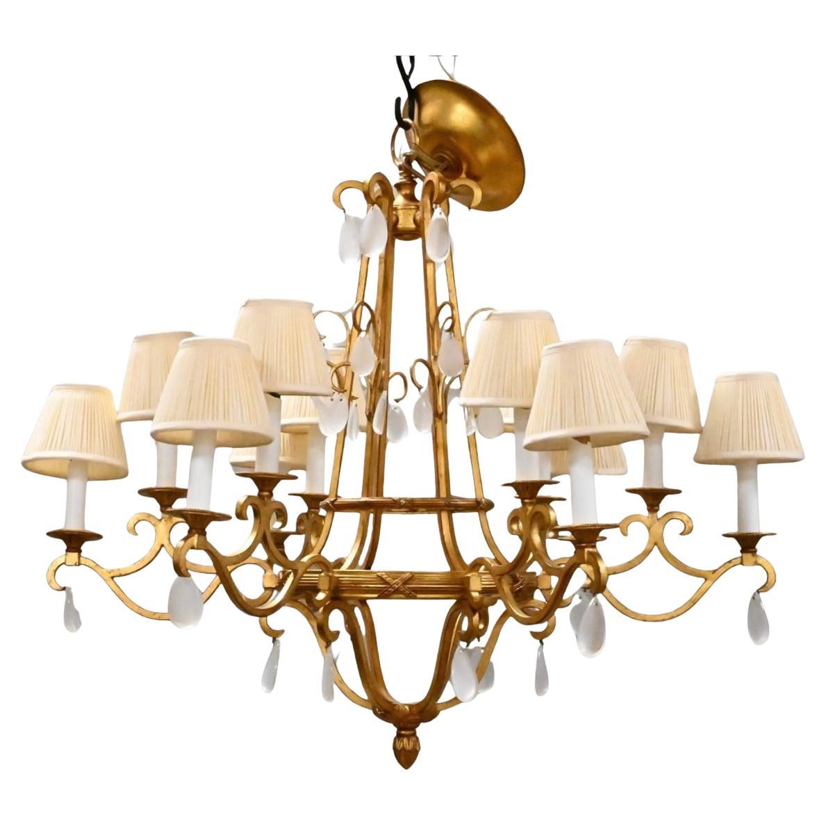Modern Gilt Bronze & Opaline Style Prism 12 Light Chandelier