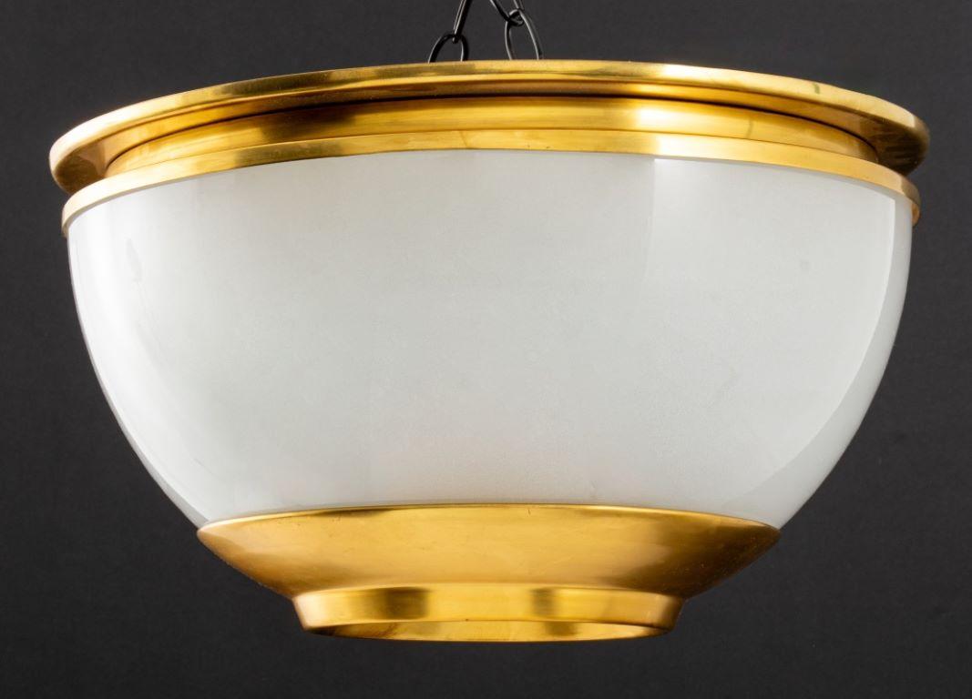 Mid Century Modern Gilt Metal and Frosted Glass Ceiling Light with label 