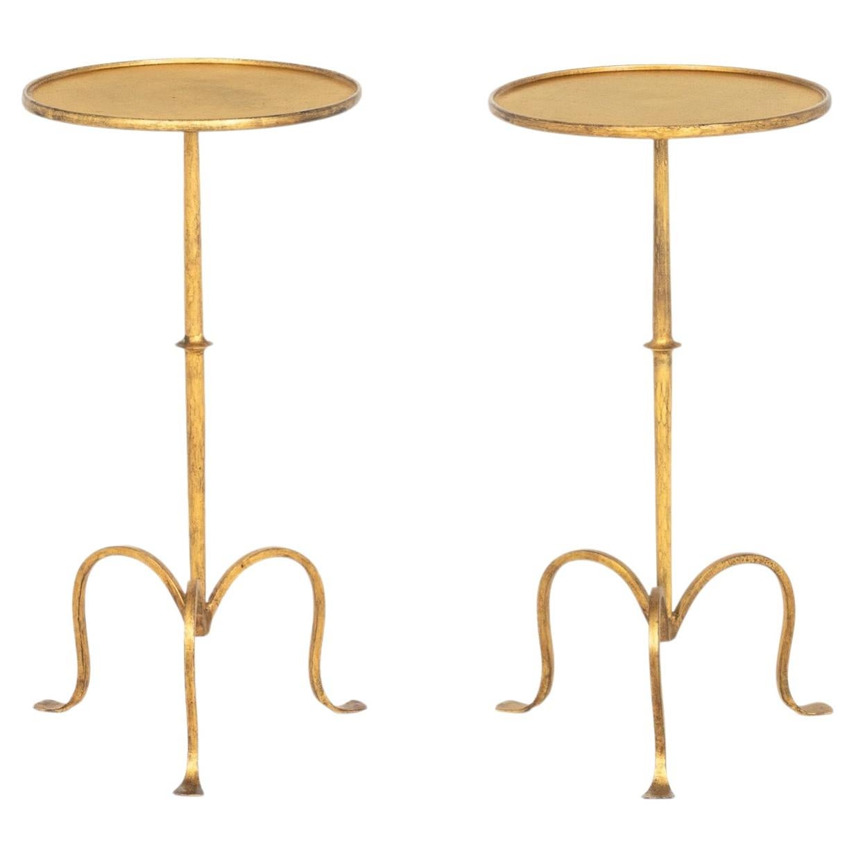 Pair of Modern Gilt Wrought Iron Cocktail Tables with Tripod Base