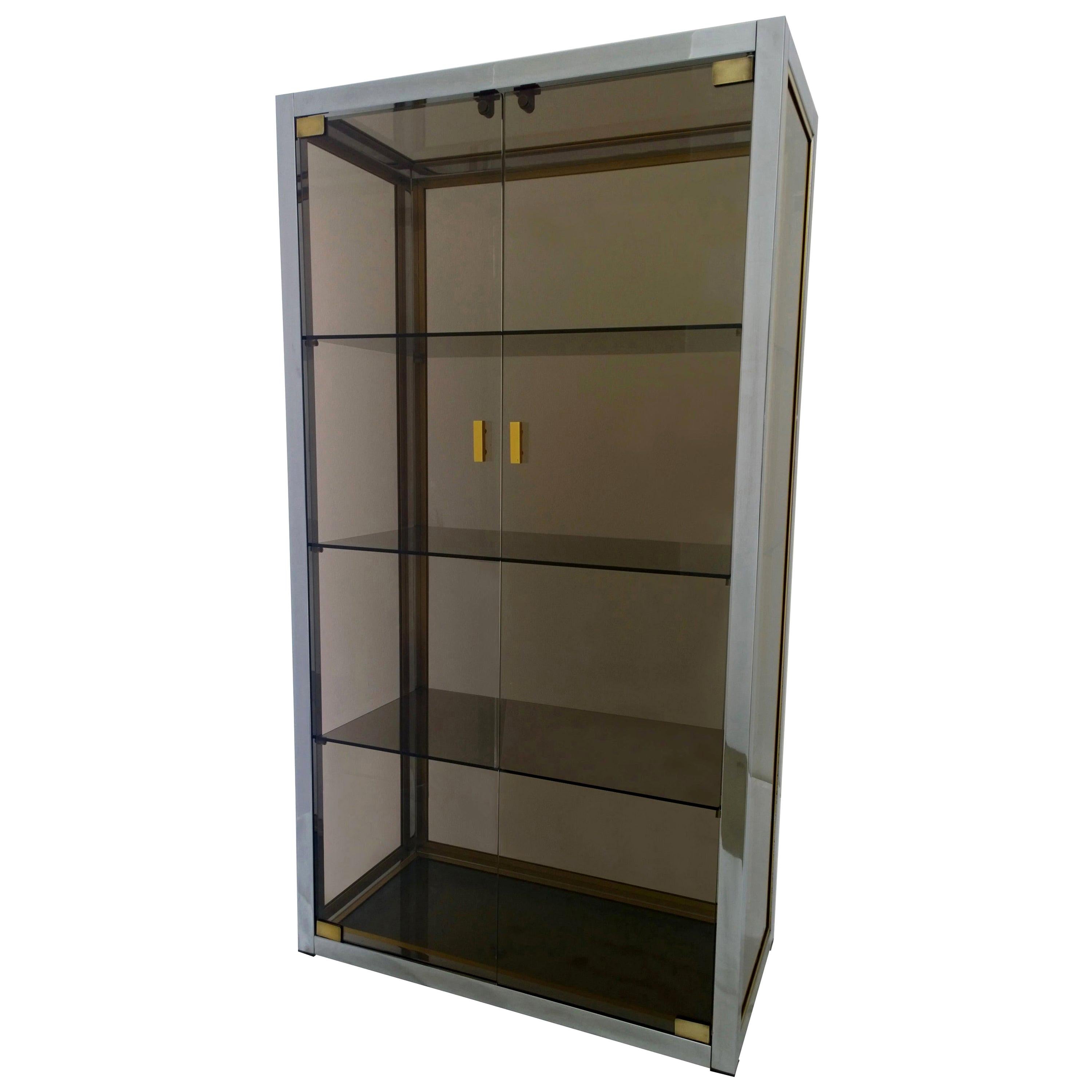 Modern Glam Italian Romeo Rega Chrome, Brass and 4 Smoked Glass Shelves Vitrine For Sale