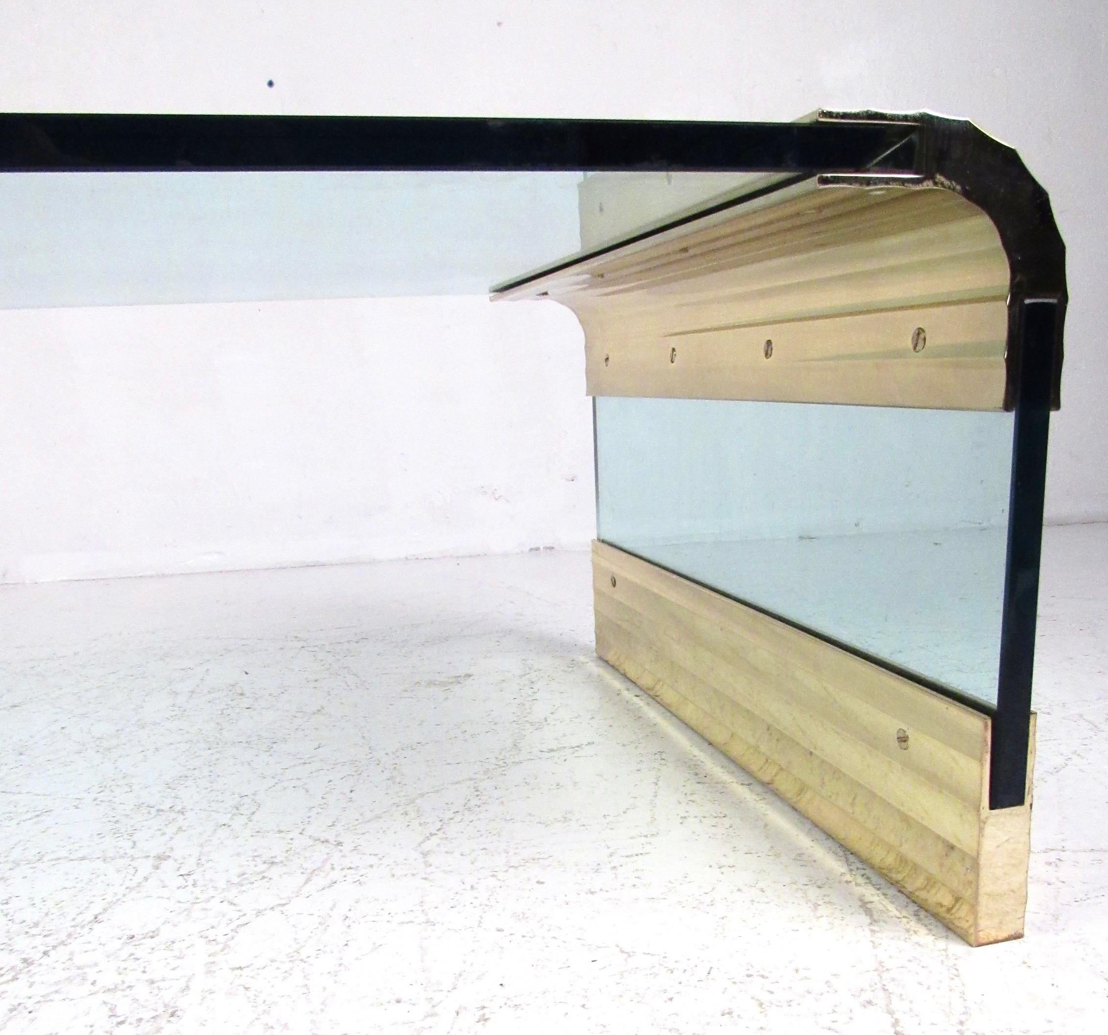 20th Century Modern Glass and Brass Waterfall Coffee Table