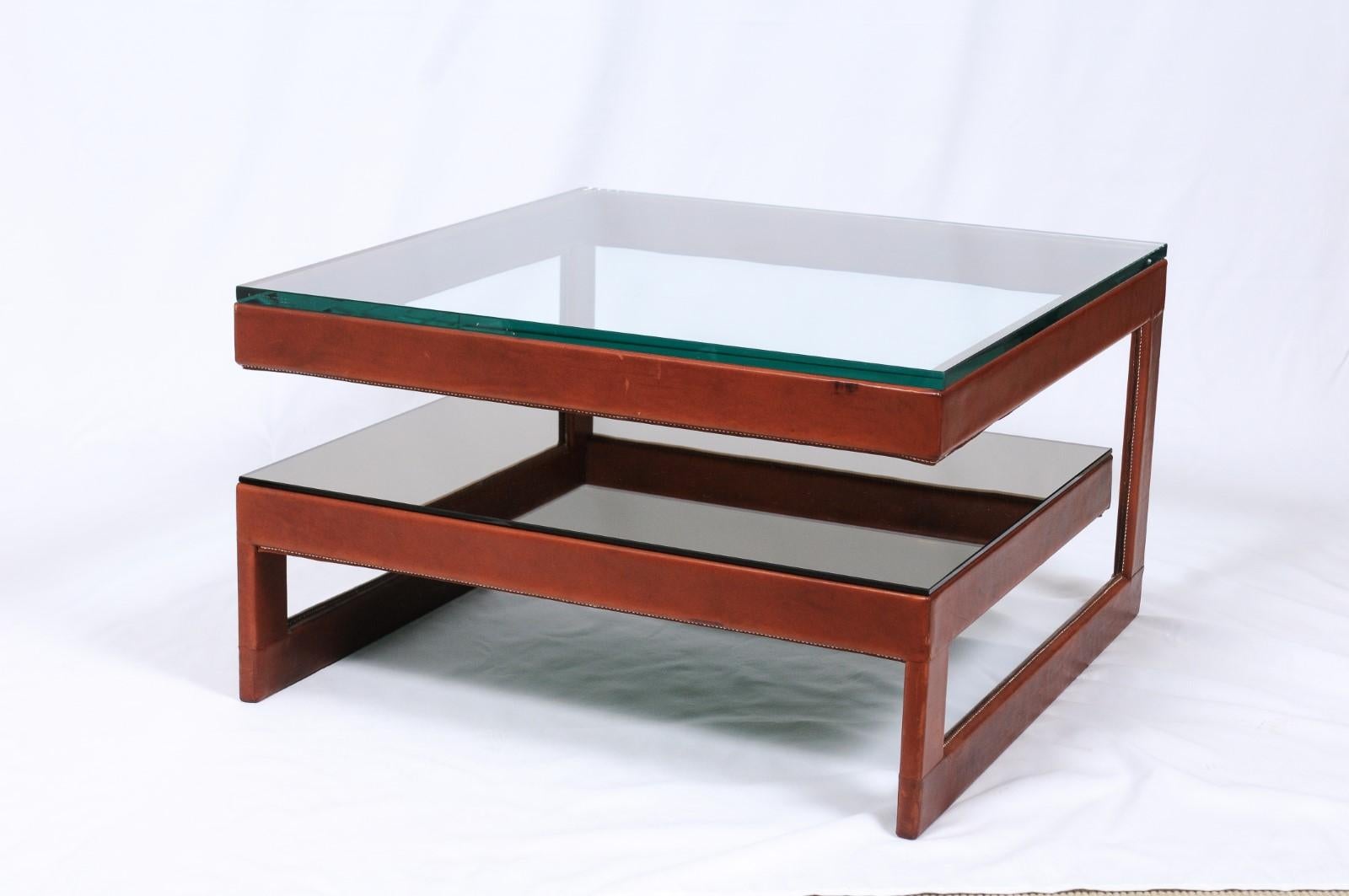 Modern Glass and Leather Coffee Table In Good Condition In Atlanta, GA
