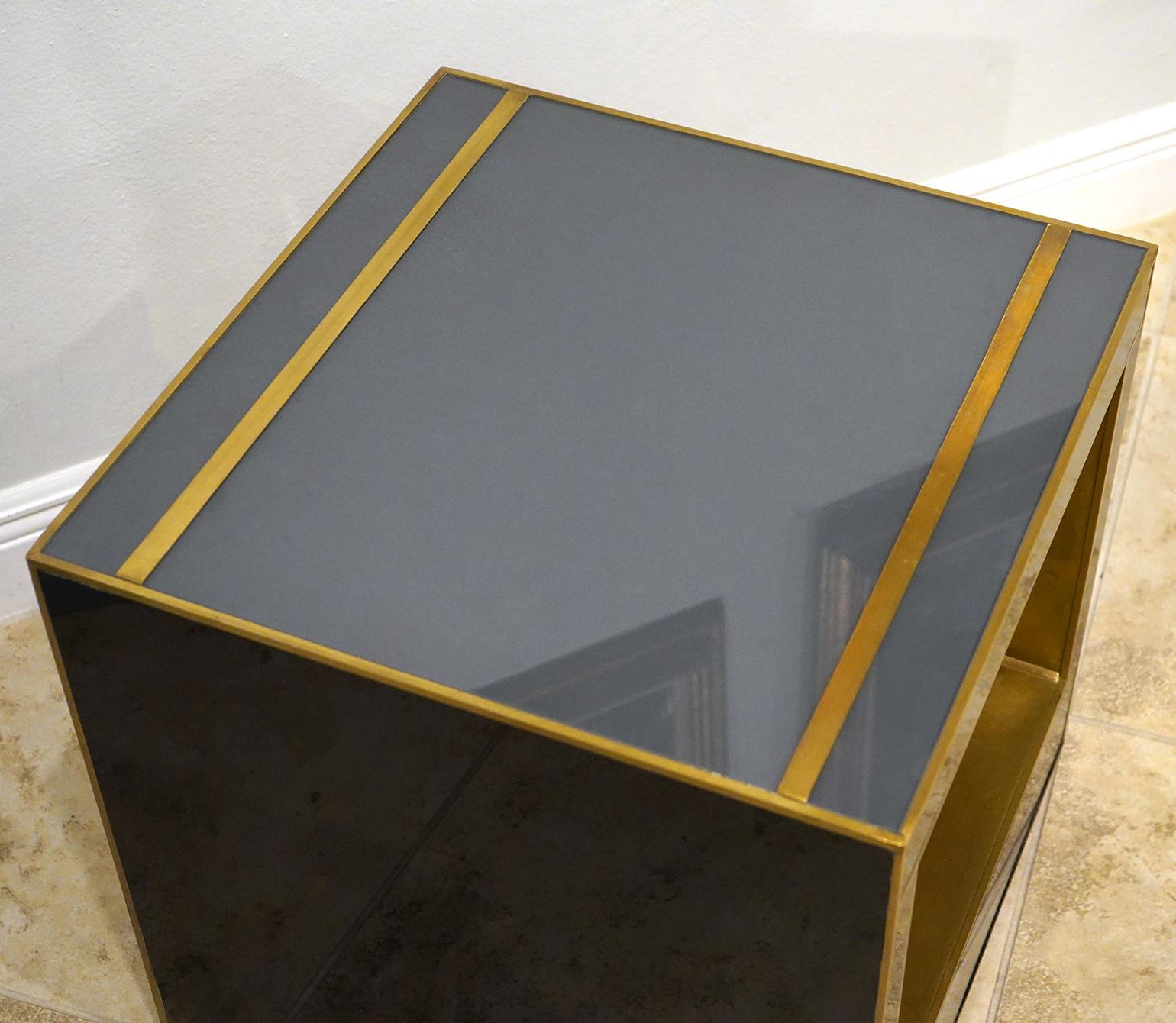 Modern Glass & Brass Italian Custom Made Cube Side Table 1