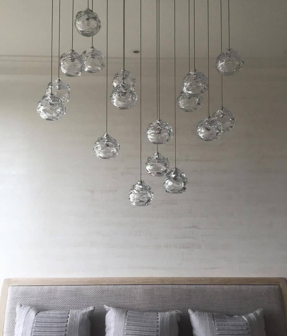 Nickel Modern Glass Chandelier, Nine Handblown Glass Happy Pendants, Made to Order