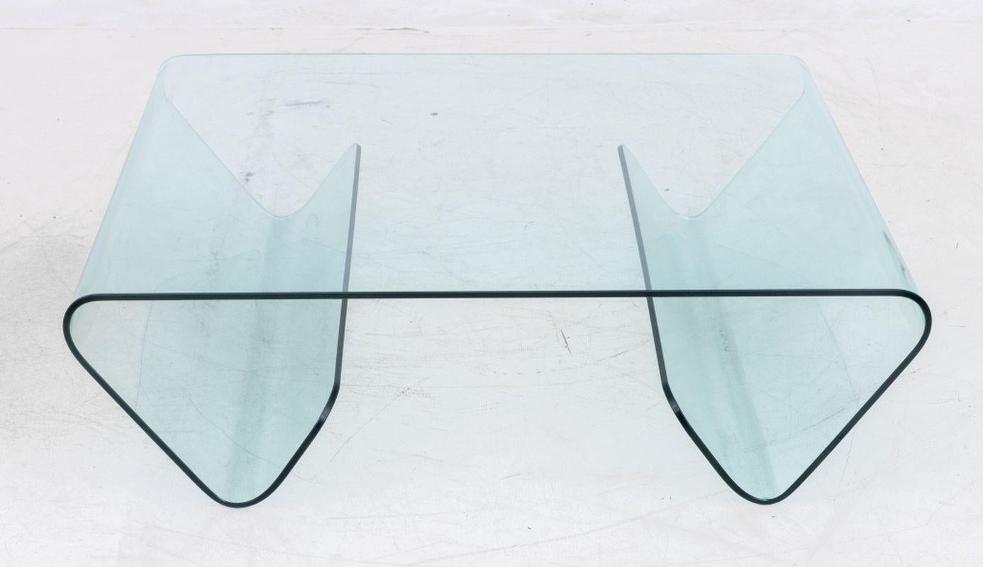 Modern Glass Coffee Table, with curved triangular base. 12.25