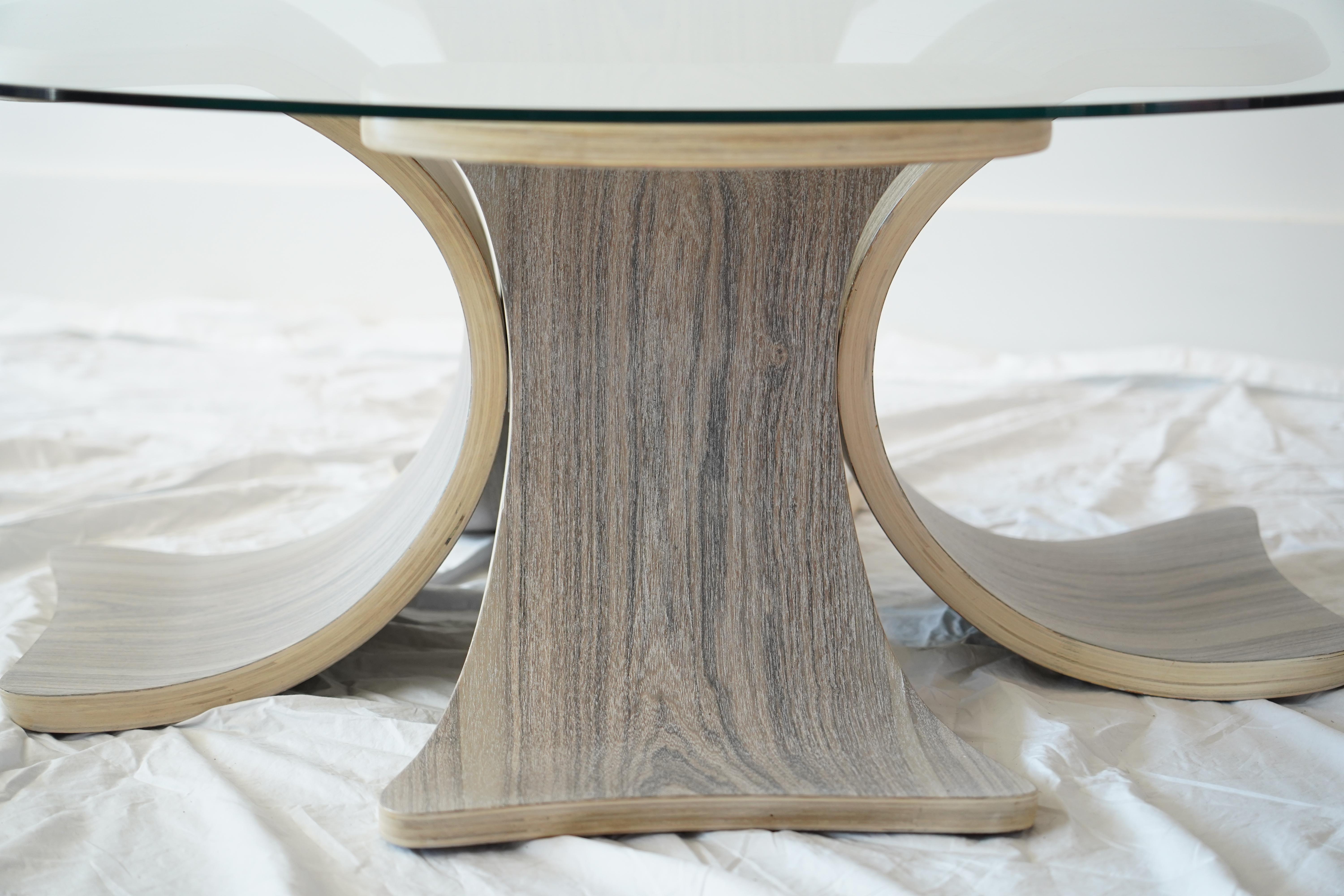Contemporary Modern Glass Coffee Table with Brazilian Rosewood “Orchid” Petal Base For Sale