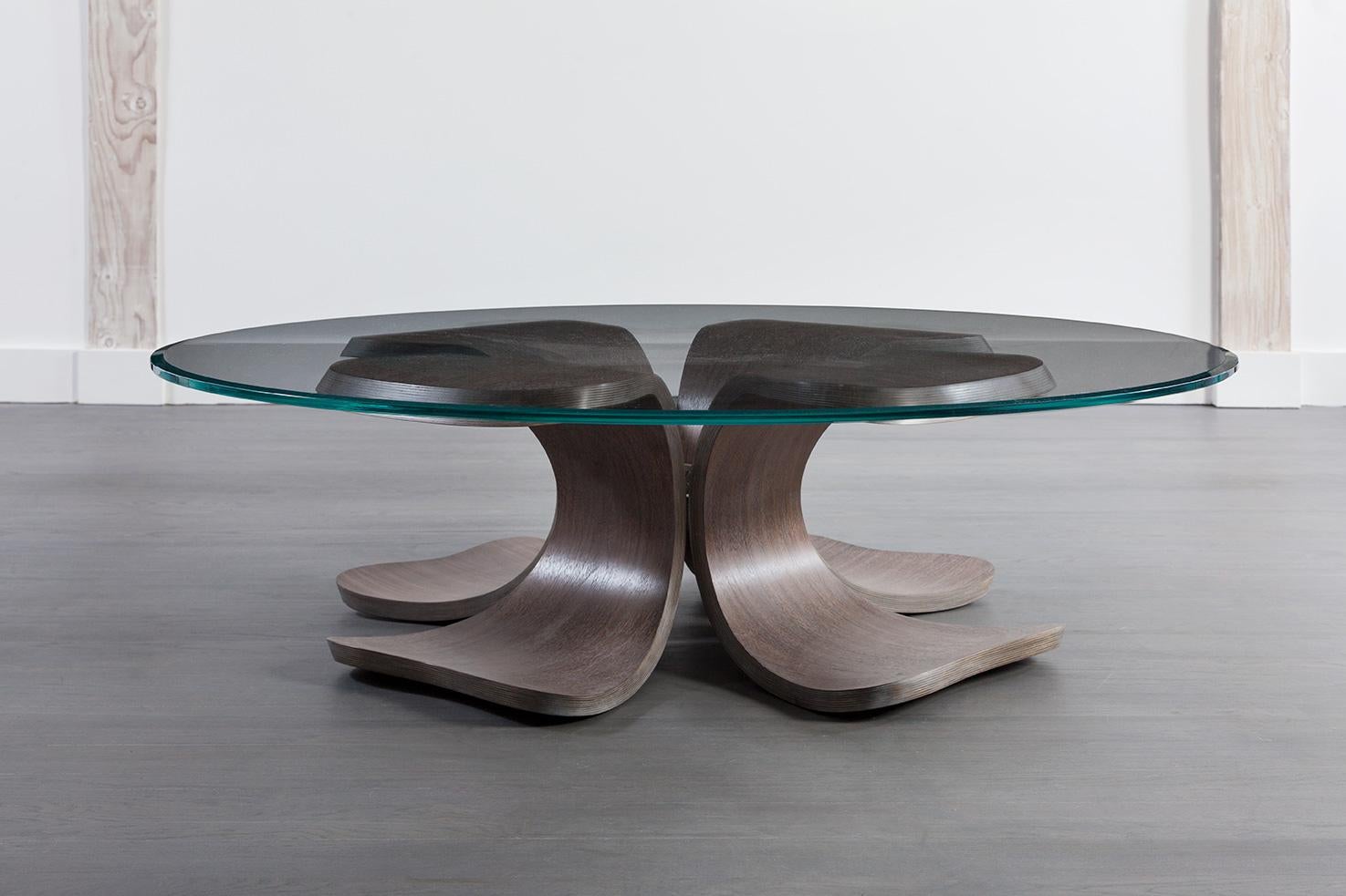 Modern Glass Coffee Table with Brazilian Rosewood “Orchid” Petal Base For Sale 5