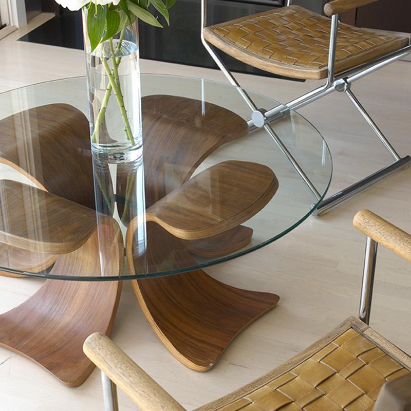 Modern Glass Coffee Table with Brazilian Rosewood “Orchid” Petal Base For Sale 6