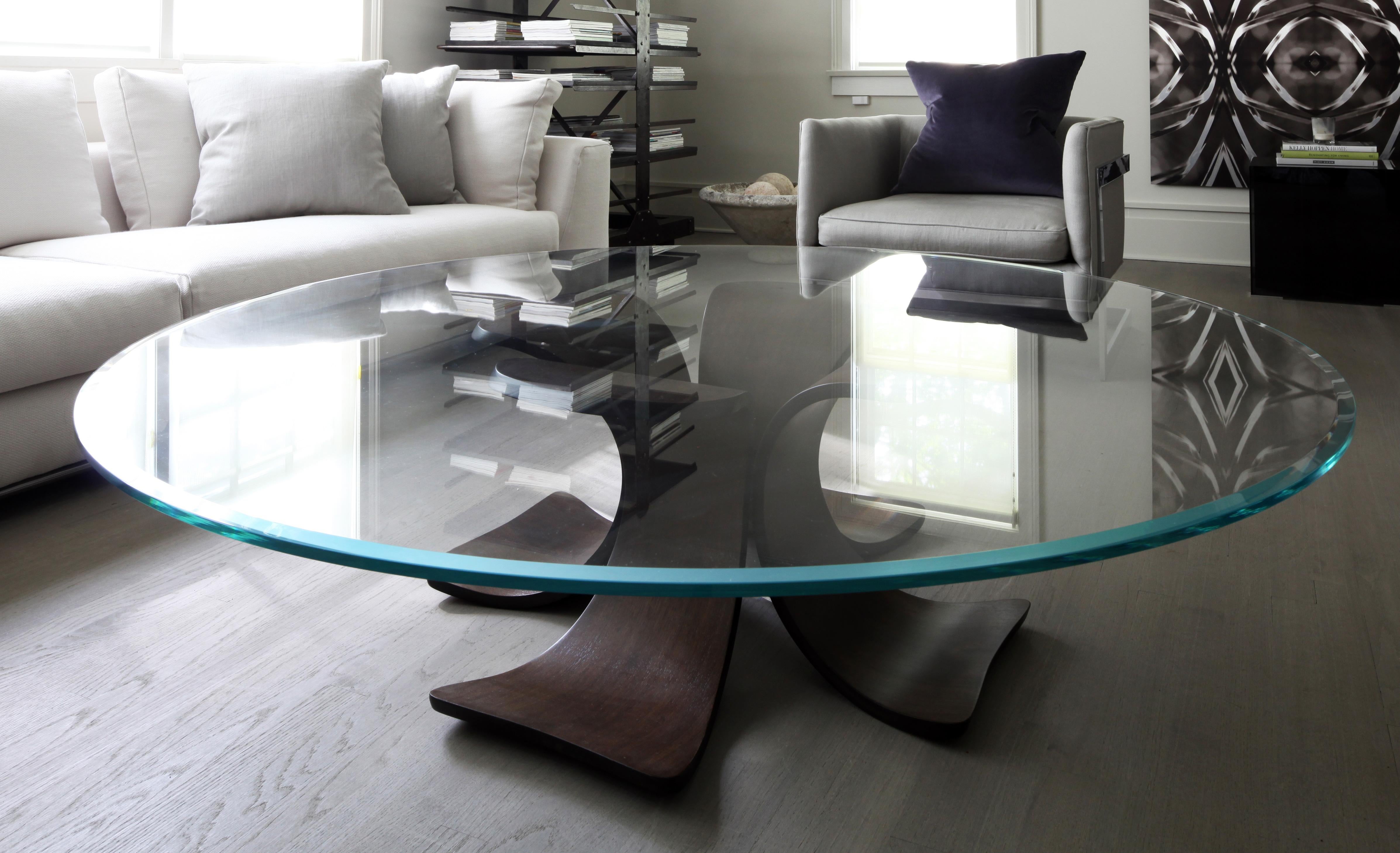 Modern Glass Coffee Table with Brazilian Rosewood “Orchid” Petal Base For Sale 7
