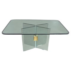 Modern Glass Dining Table Brass Plated Connector Attributed to Pace Collection