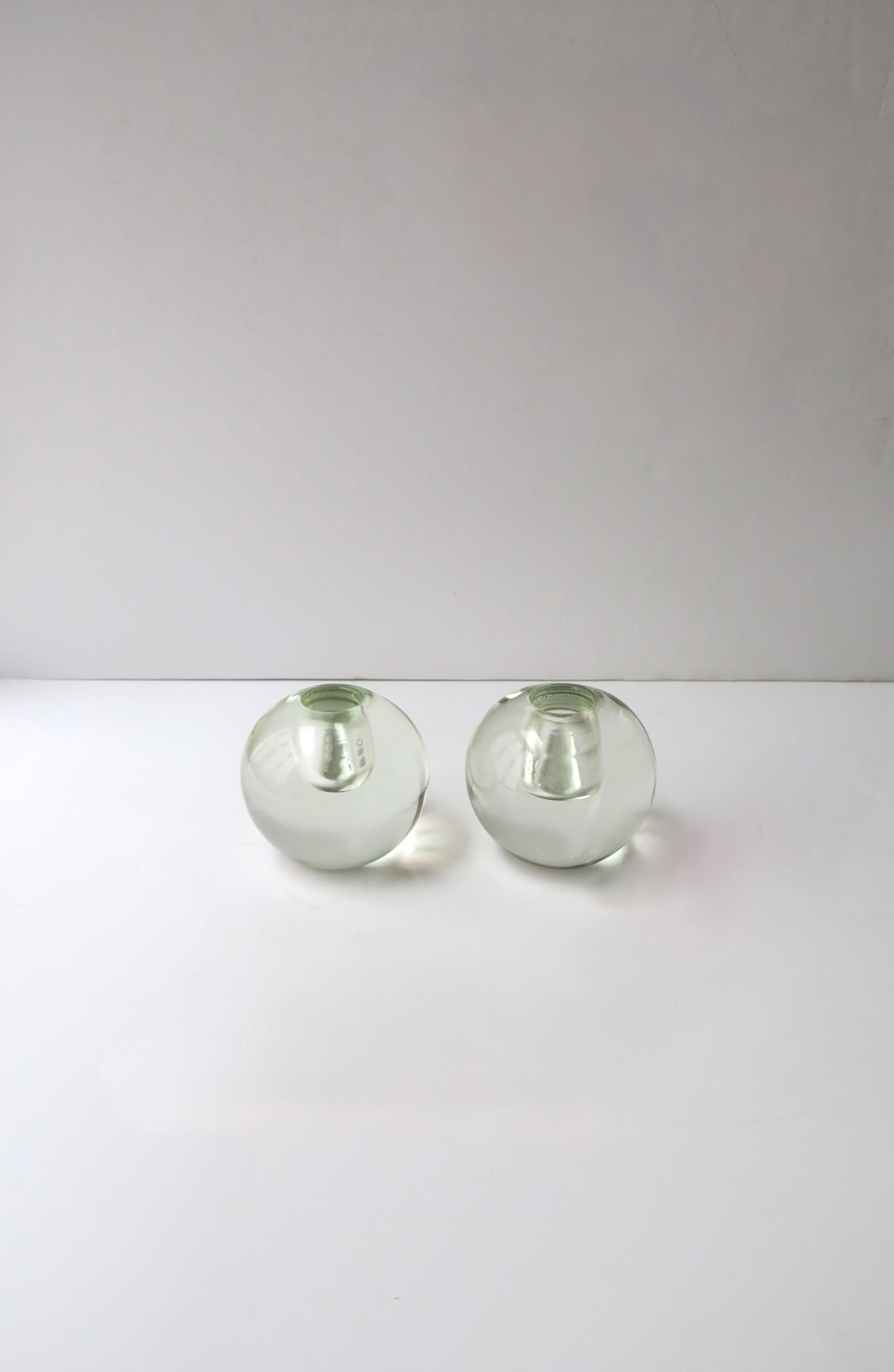 Polished Modern Glass Sphere Candlesticks Holders, Pair For Sale