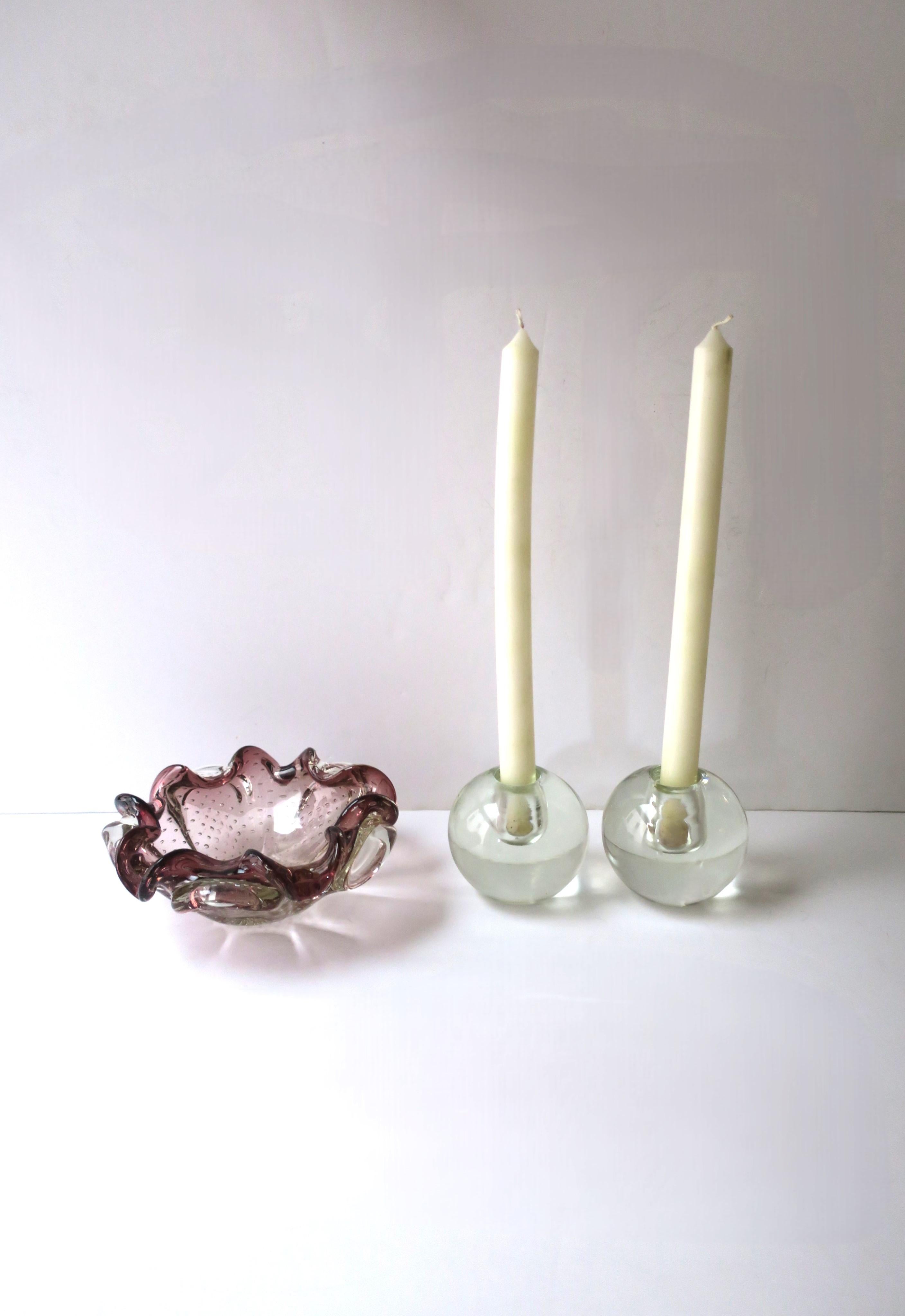 Modern Glass Sphere Candlesticks Holders, Pair In Good Condition For Sale In New York, NY