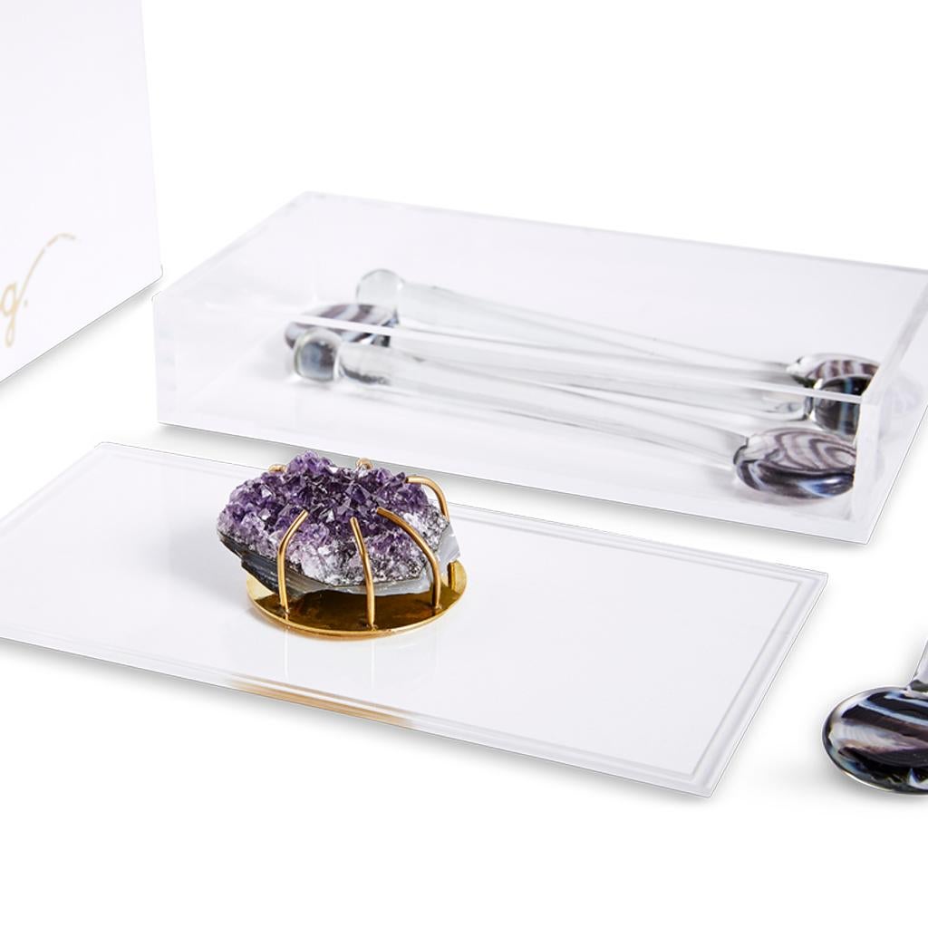 Polished Modern Glass Swizzle Stick Bar Set Presented in an Agate Decorated Lucite Box For Sale
